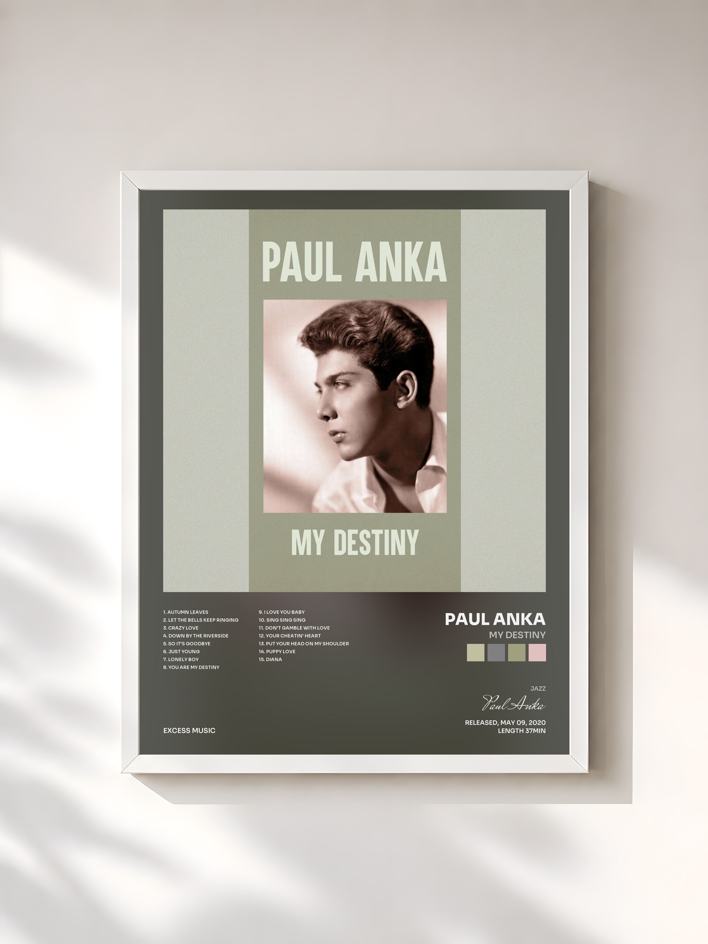 #blanc Tableau de l'album My Destiny de Paul Anka, cadre blanc, imprimé et encadré en France