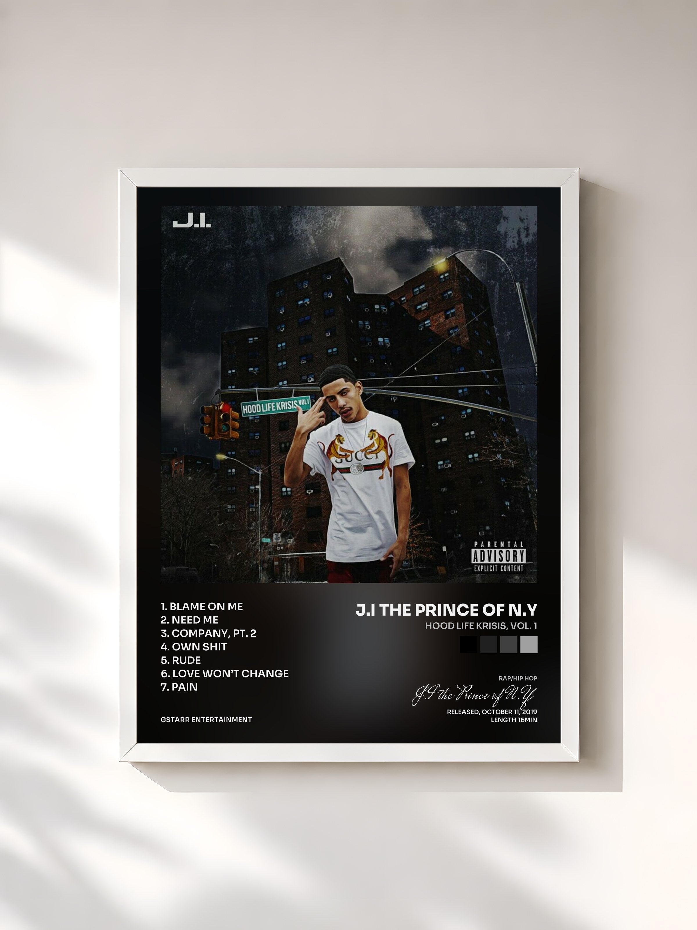 #blanc Tableau de l'album Hood Life Krisis, Vol. 1 de J.I the Prince of N.Y, cadre blanc, imprimé et encadré en France