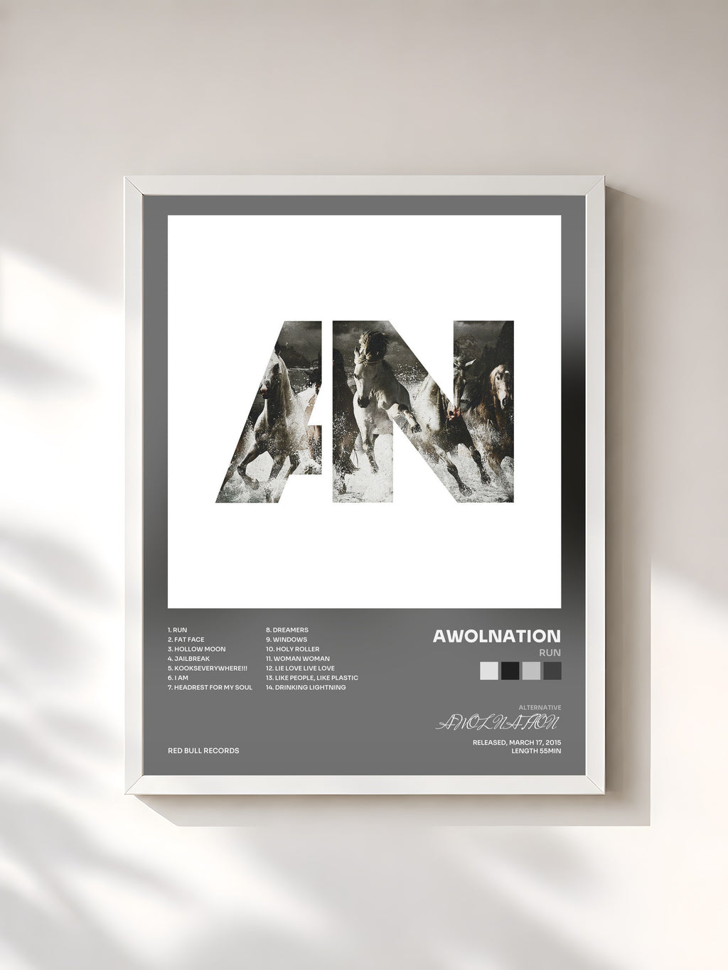 #blanc Tableau de l'album Run de AWOLNATION, cadre blanc, imprimé et encadré en France
