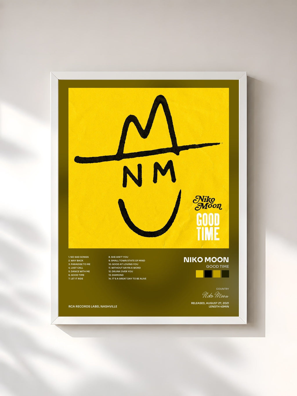 #blanc Tableau de l'album GOOD TIME de Niko Moon, cadre blanc, imprimé et encadré en France