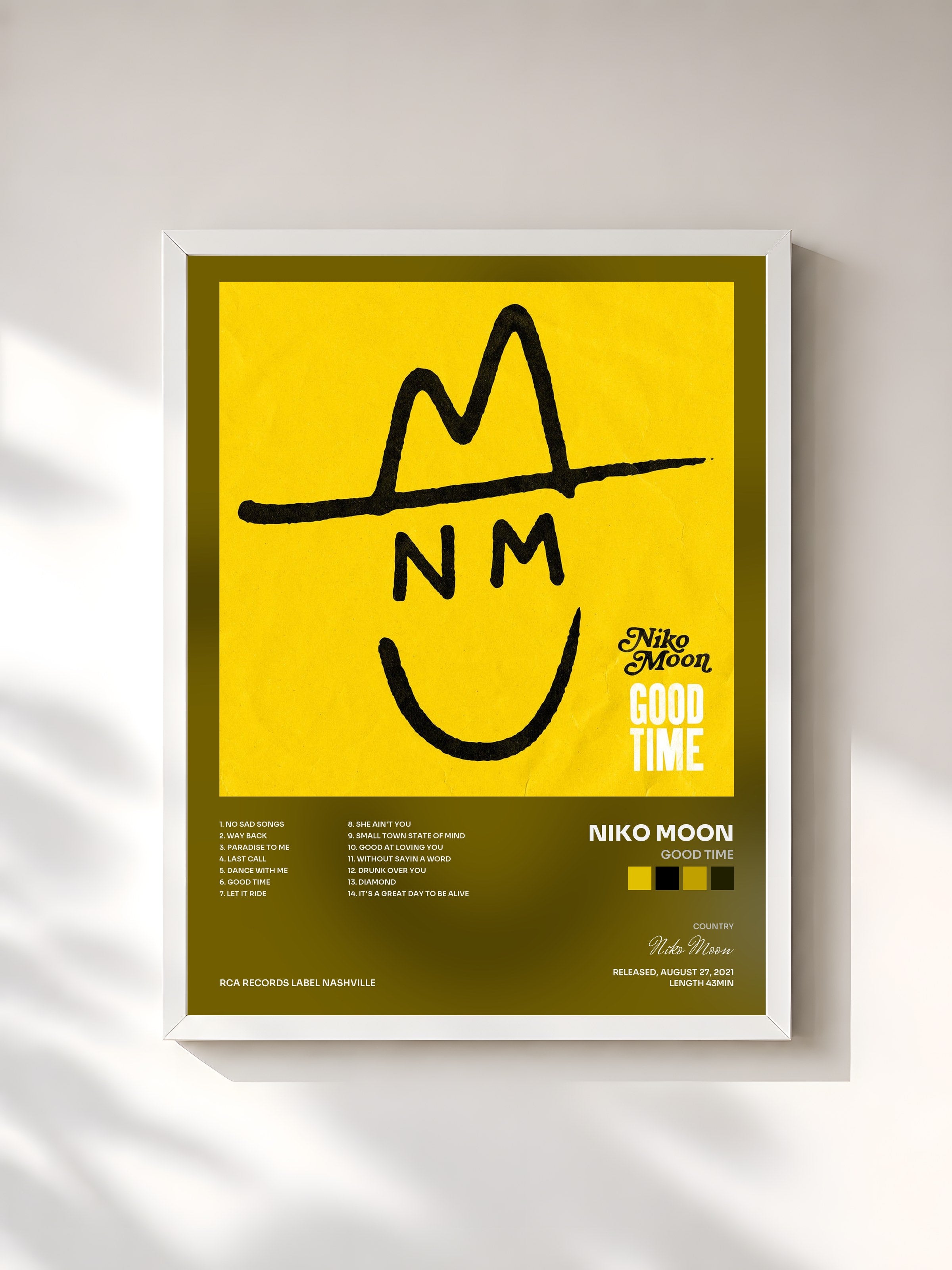 #blanc Tableau de l'album GOOD TIME de Niko Moon, cadre blanc, imprimé et encadré en France