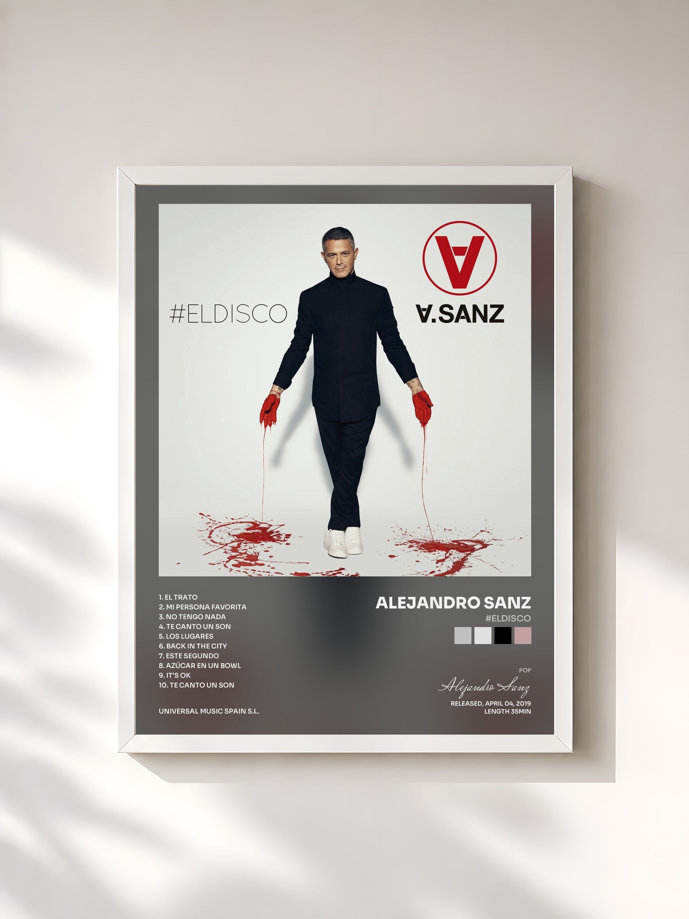 #blanc Tableau de l'album #ELDISCO de Alejandro Sanz, cadre blanc, imprimé et encadré en France