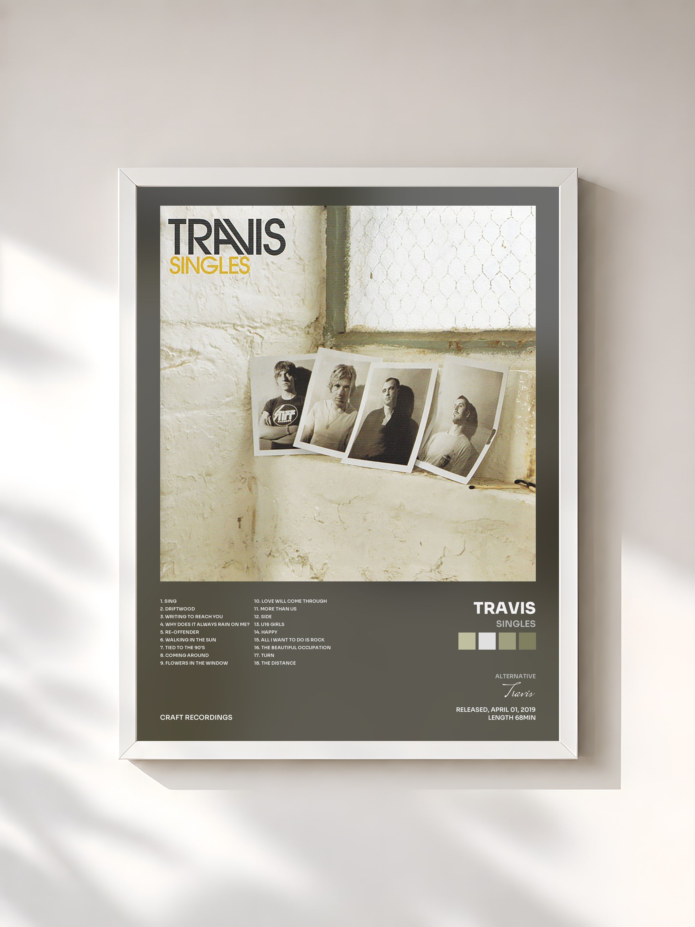 #blanc Tableau de l'album Singles de Travis, cadre blanc, imprimé et encadré en France