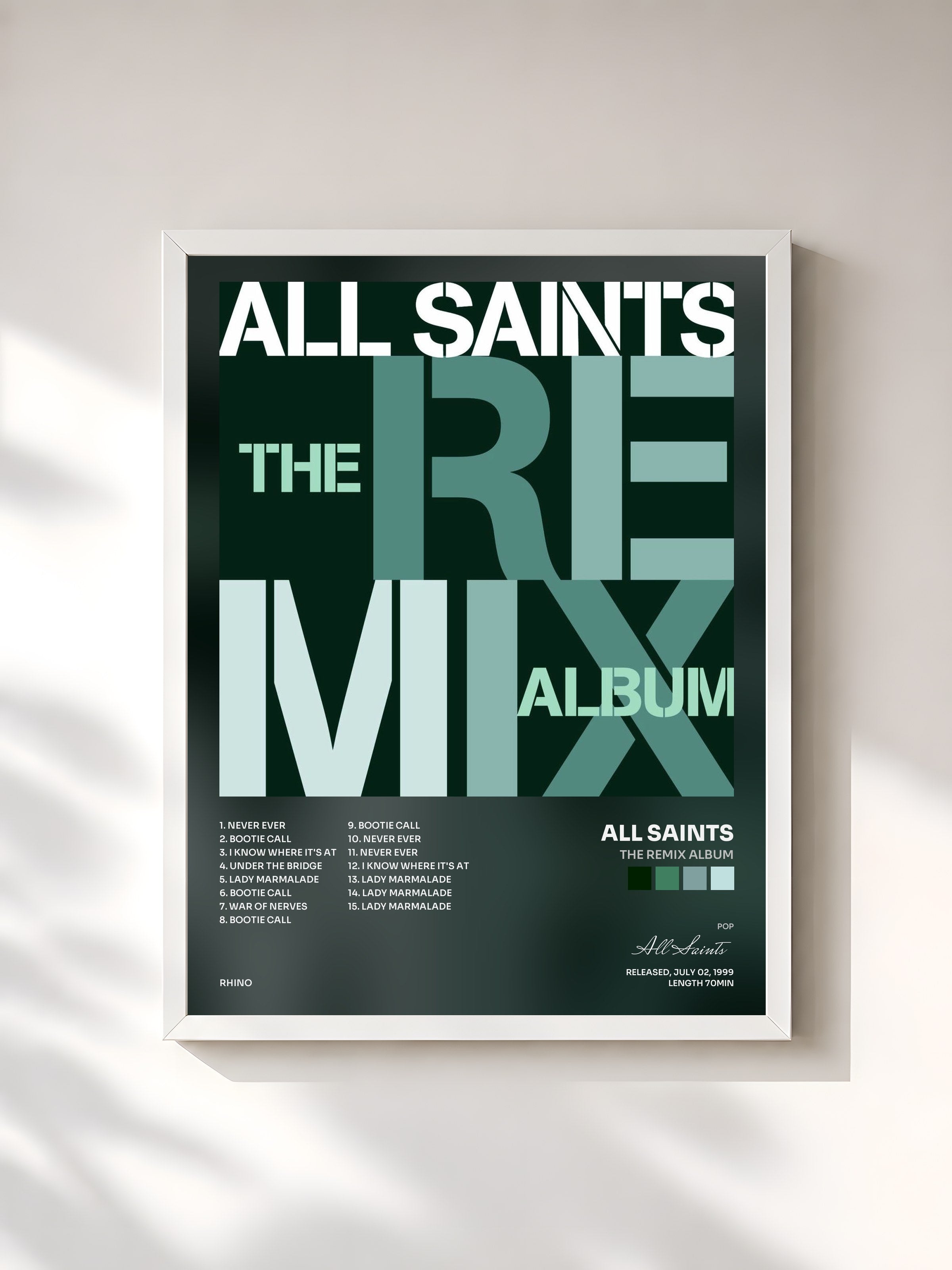 #blanc Tableau de l'album The Remix Album de All Saints, cadre blanc, imprimé et encadré en France