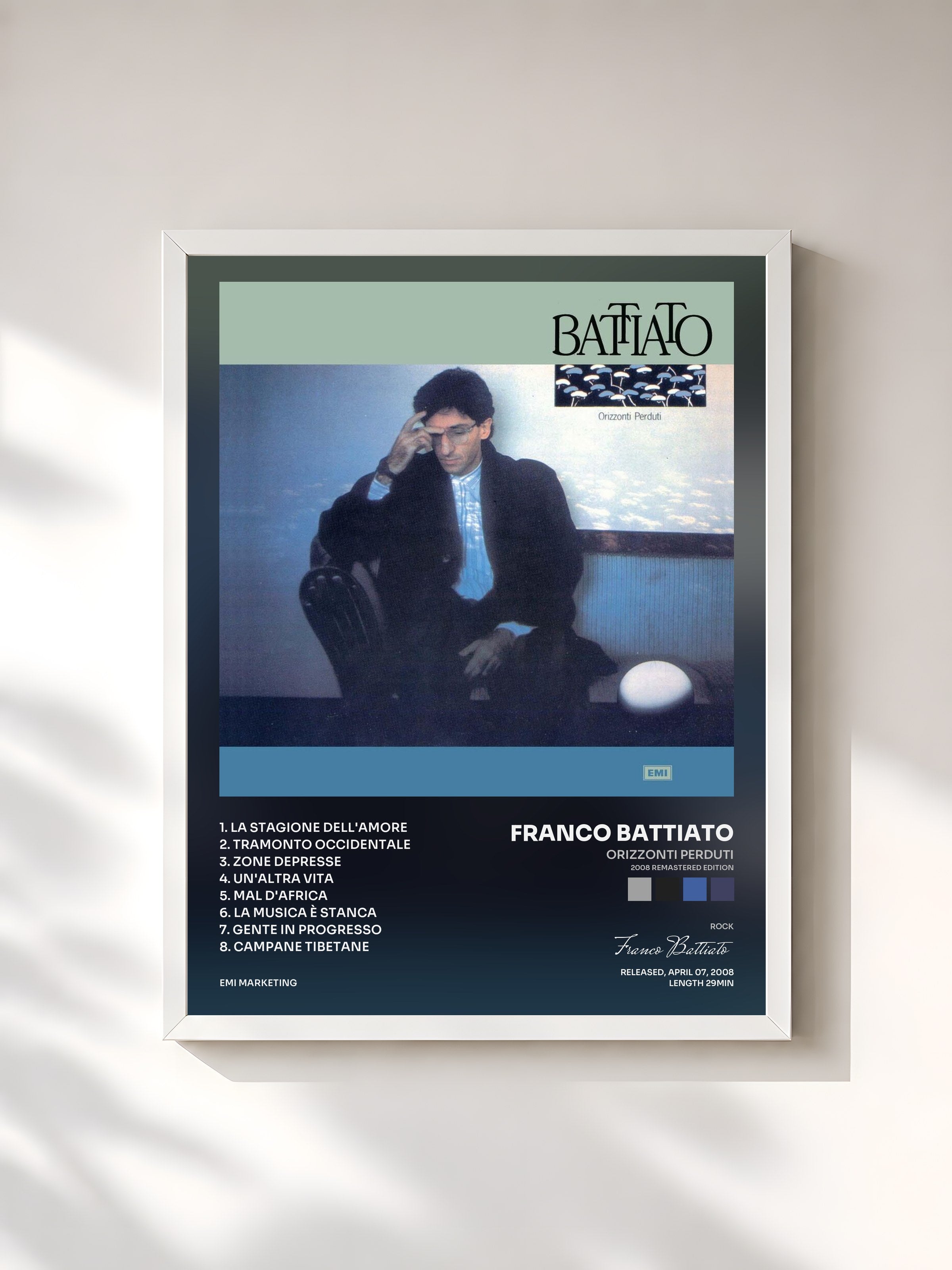 #blanc Tableau de l'album Orizzonti Perduti (2008 Remastered Edition) de Franco Battiato, cadre blanc, imprimé et encadré en France