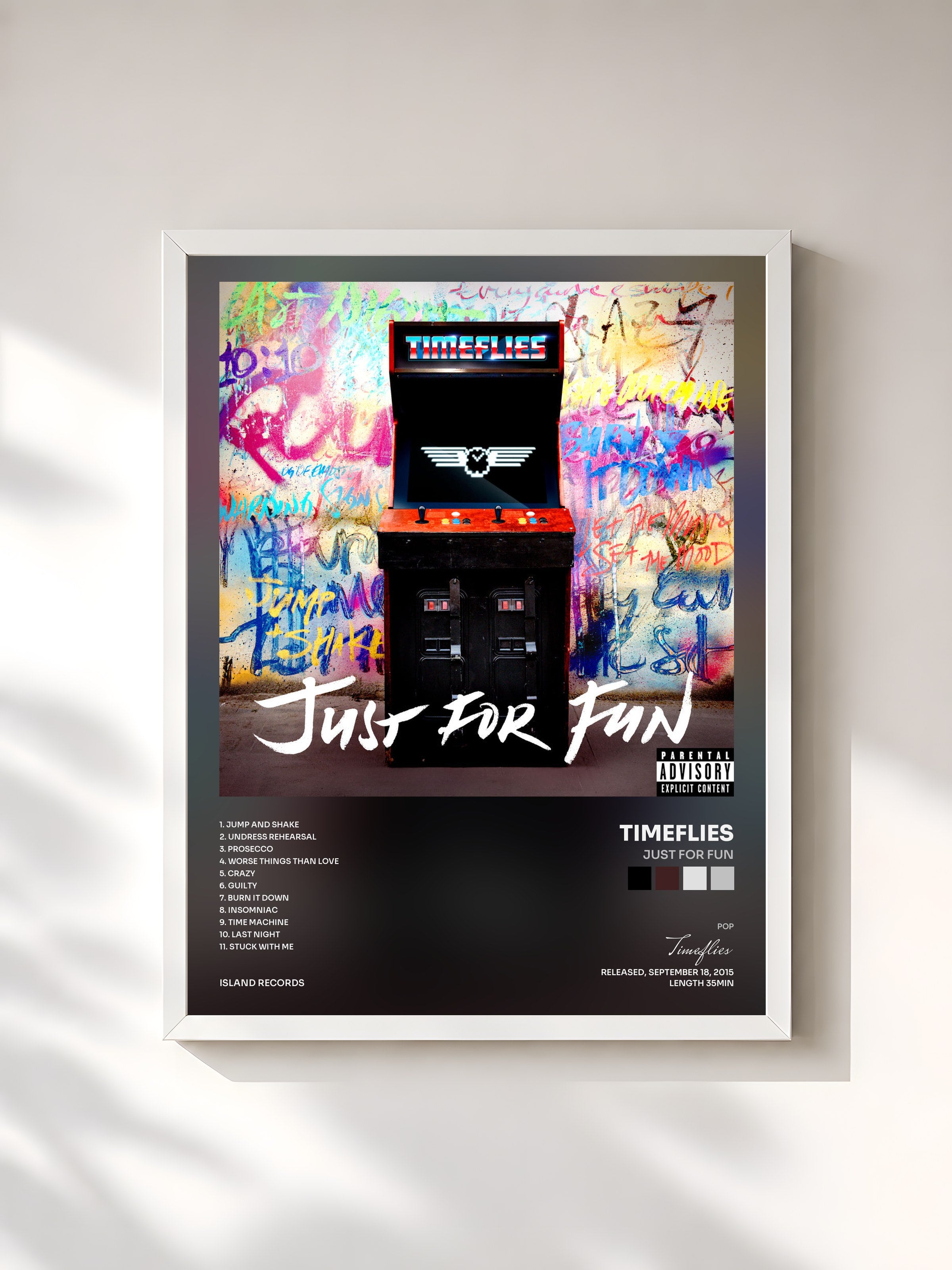 #blanc Tableau de l'album Just For Fun de Timeflies, cadre blanc, imprimé et encadré en France