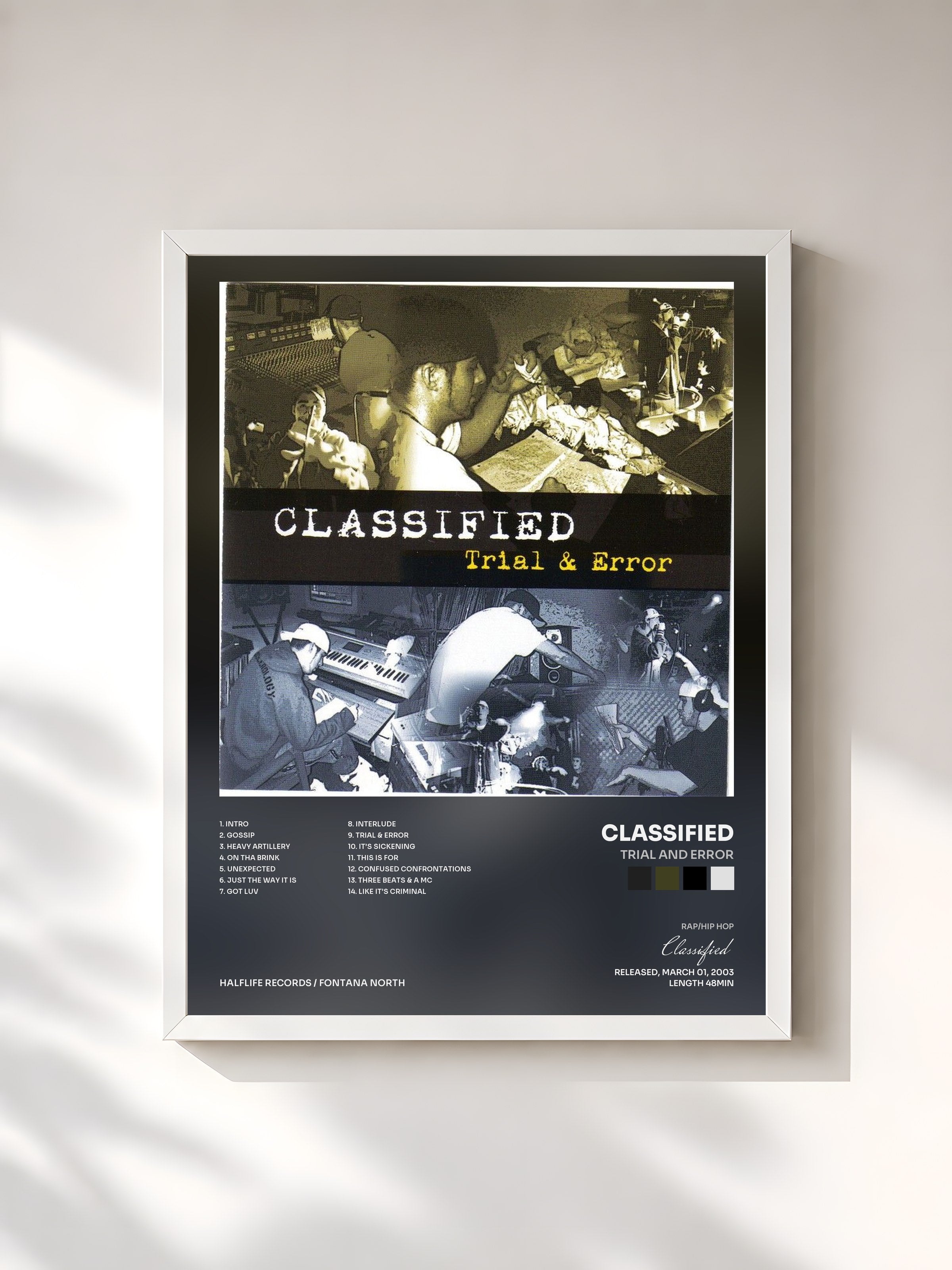 #blanc Tableau de l'album Trial and Error de Classified, cadre blanc, imprimé et encadré en France