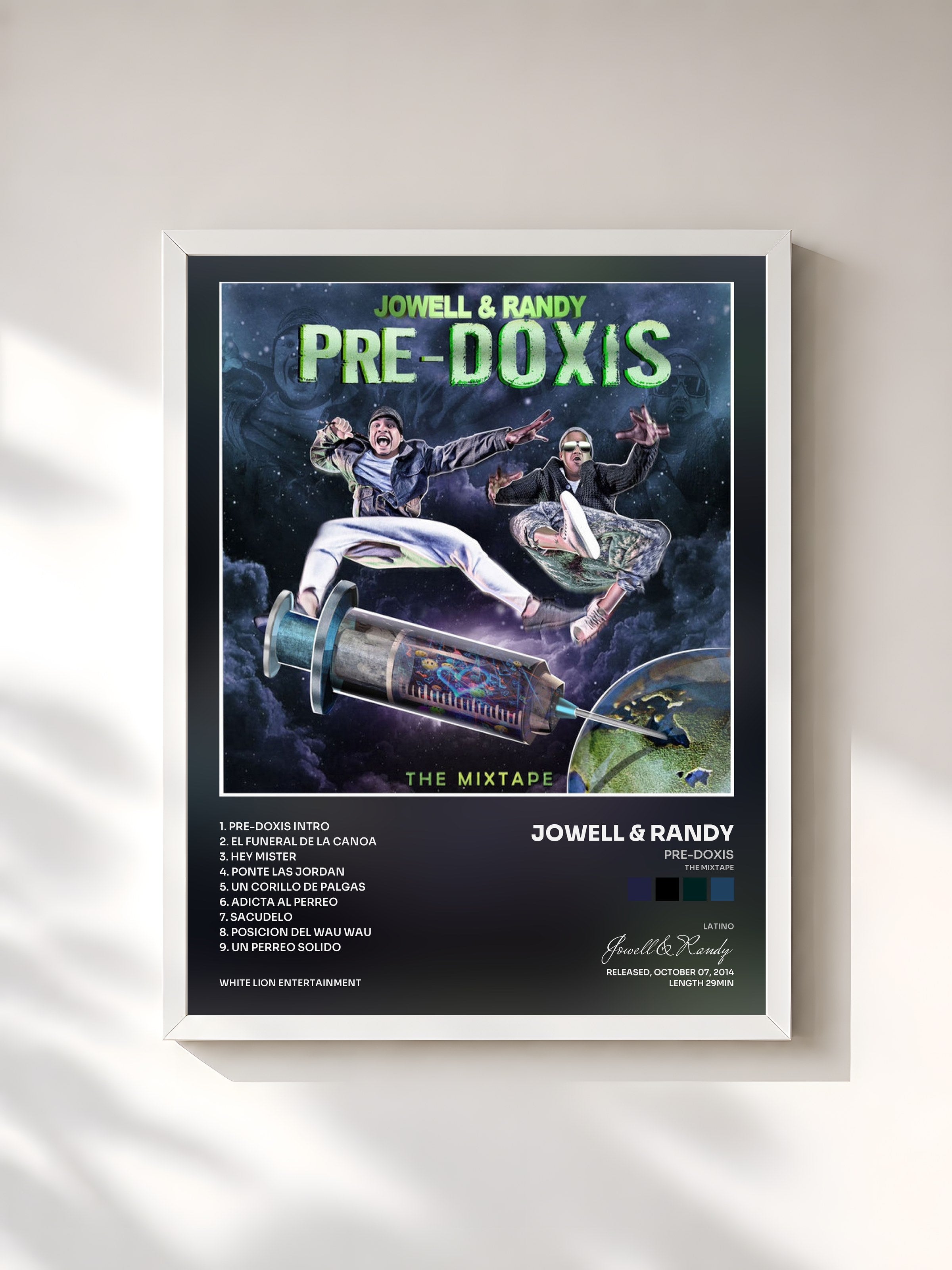 #blanc Tableau de l'album Pre-Doxis (The Mixtape) de Jowell & Randy, cadre blanc, imprimé et encadré en France