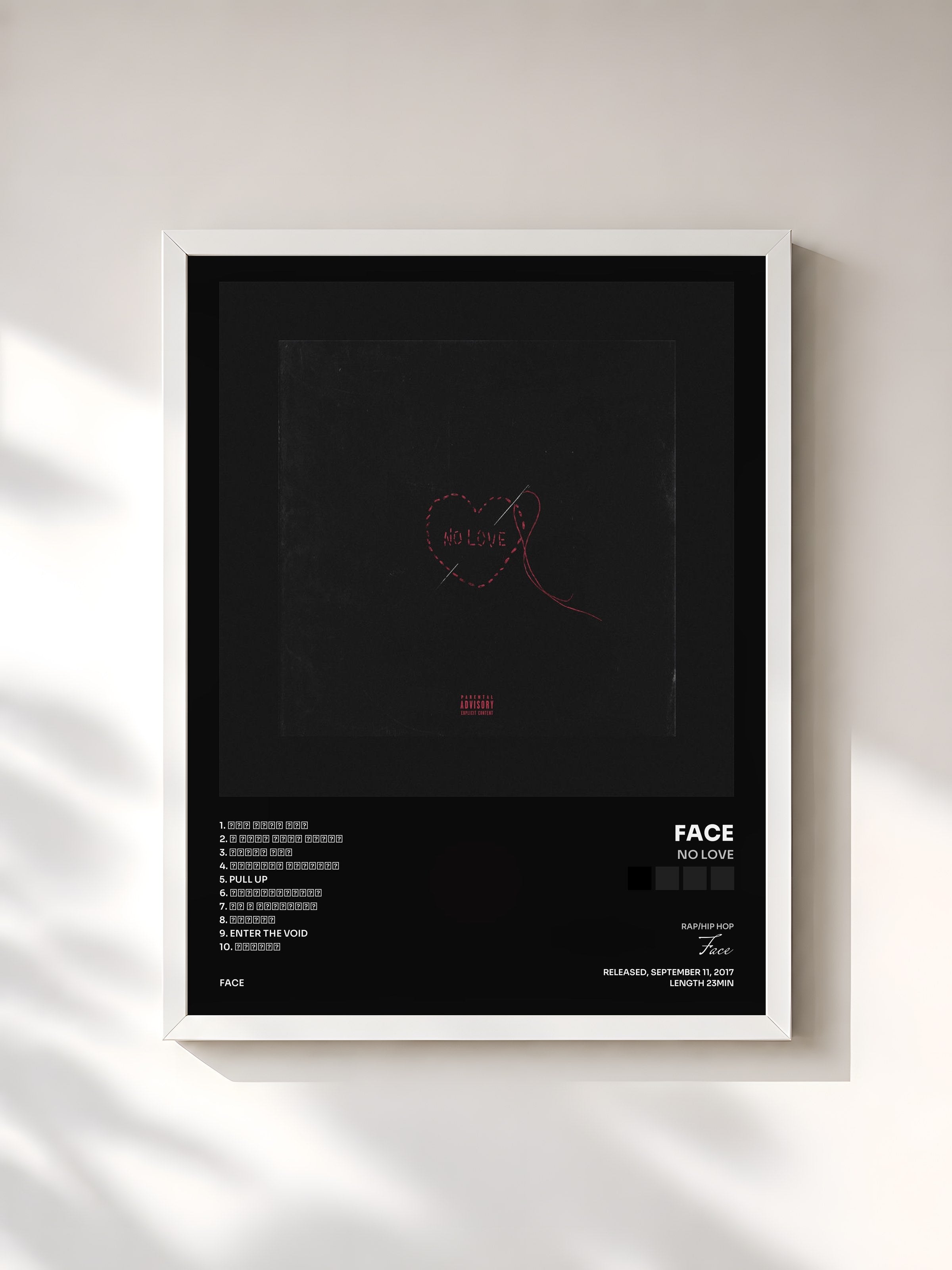 #blanc Tableau de l'album NO LOVE de Face, cadre blanc, imprimé et encadré en France
