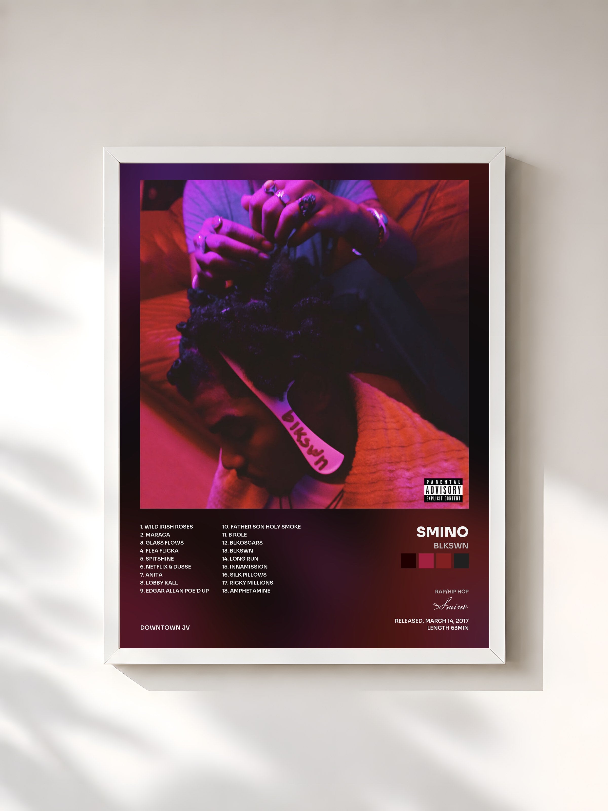 #blanc Tableau de l'album blkswn de Smino, cadre blanc, imprimé et encadré en France