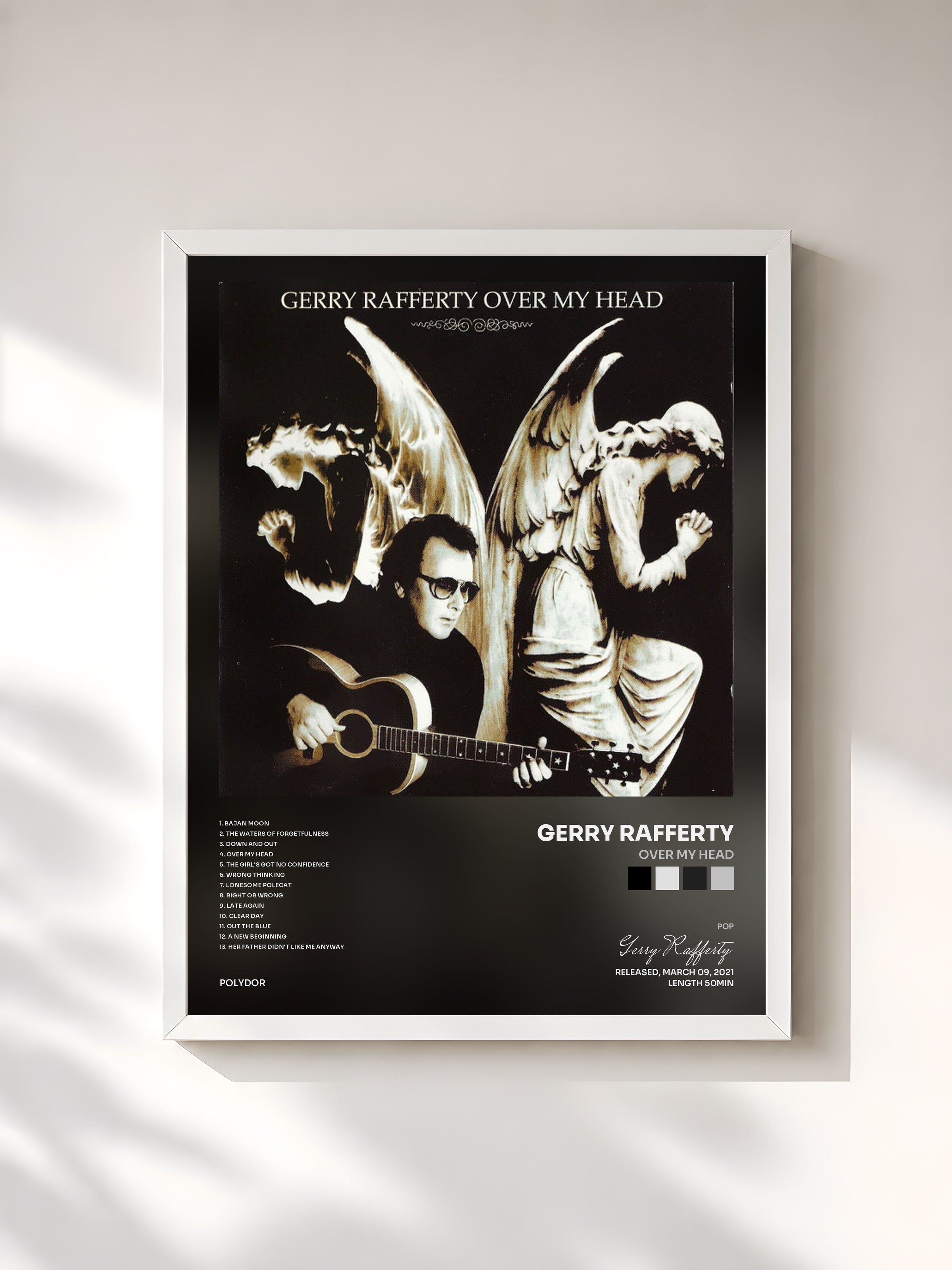 #blanc Tableau de l'album Over My Head de Gerry Rafferty, cadre blanc, imprimé et encadré en France