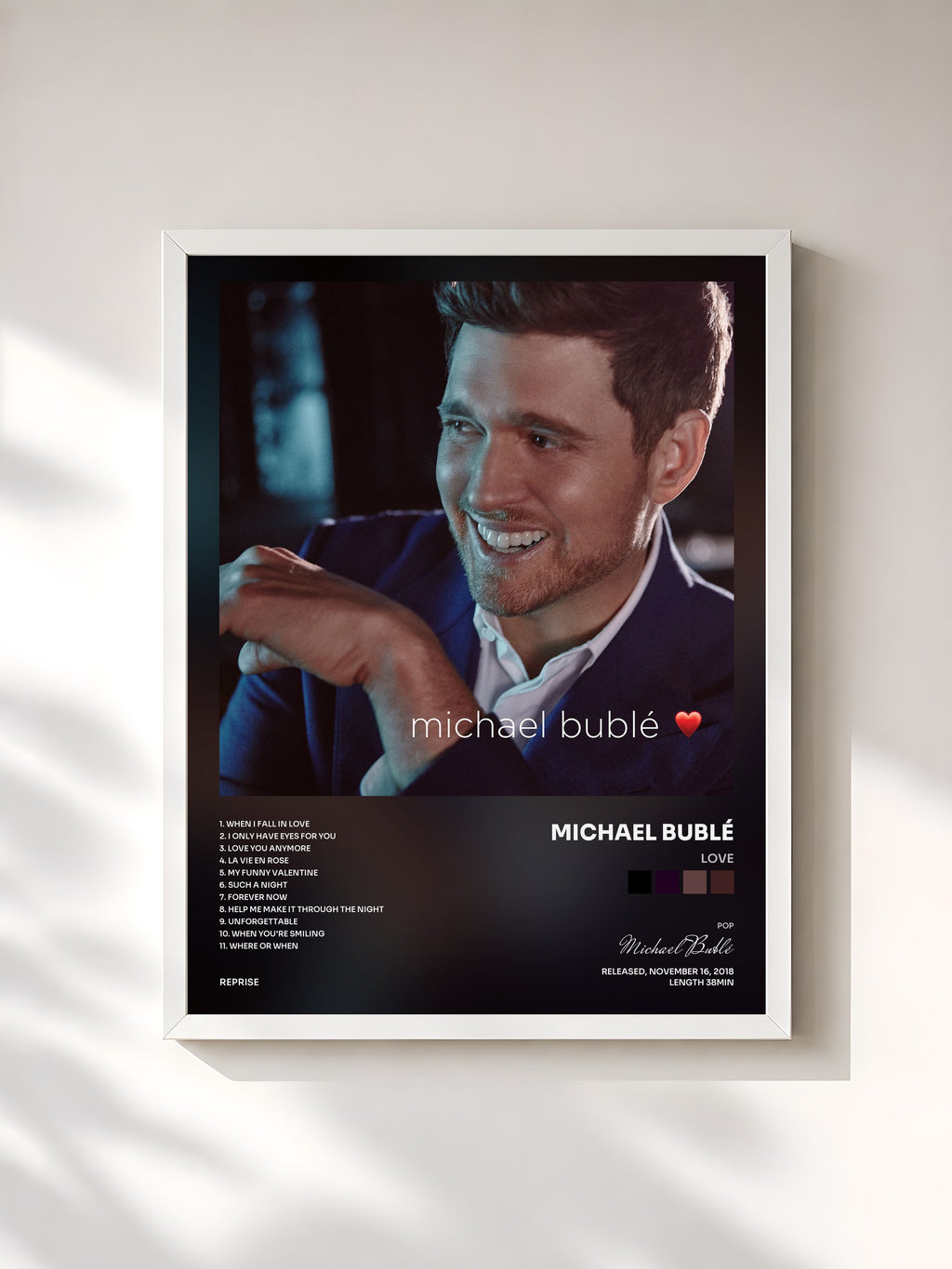 #blanc Tableau de l'album love de Michael Bublé, cadre blanc, imprimé et encadré en France