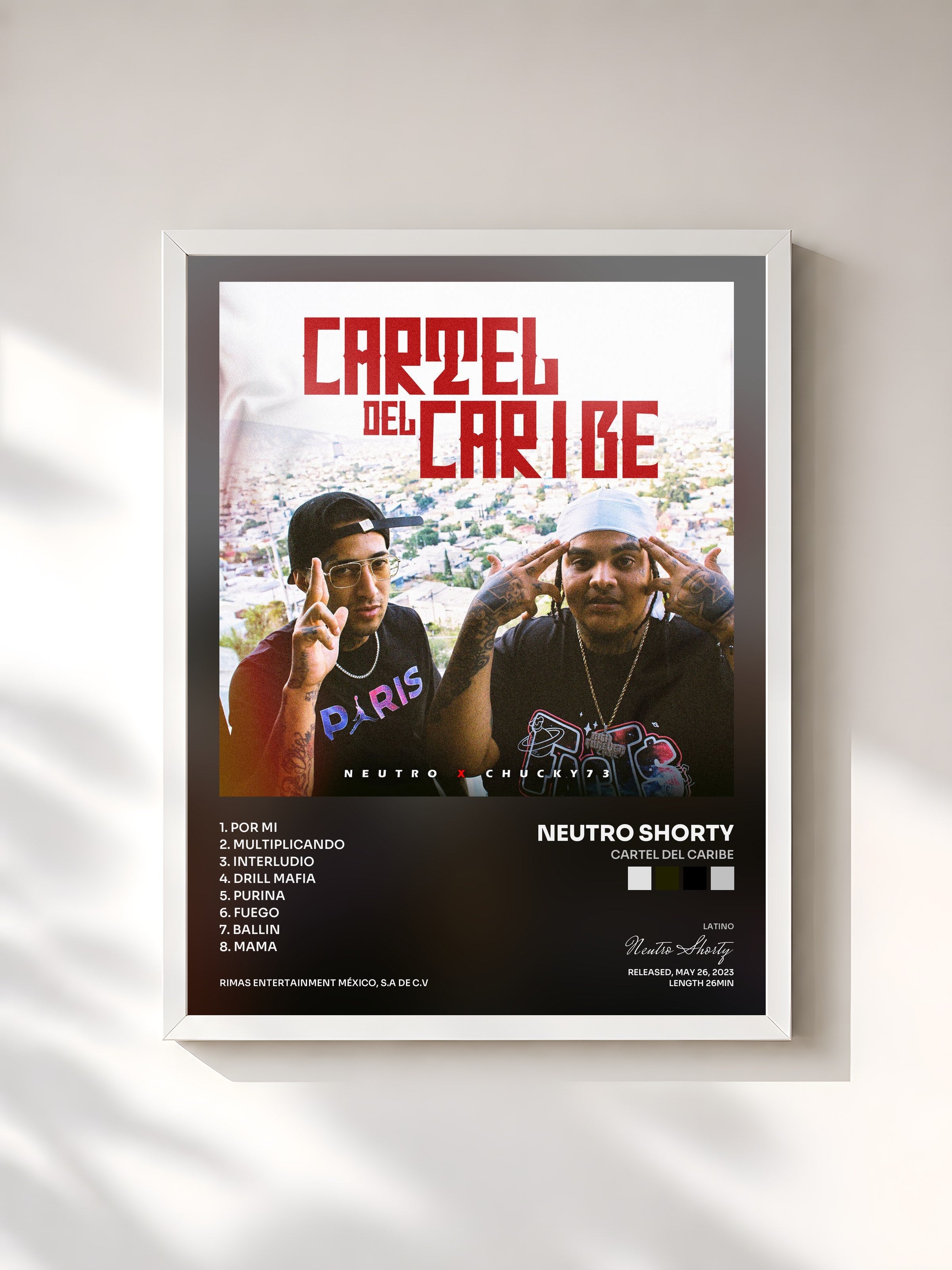 #blanc Tableau de l'album Cartel del Caribe de Neutro Shorty, cadre blanc, imprimé et encadré en France