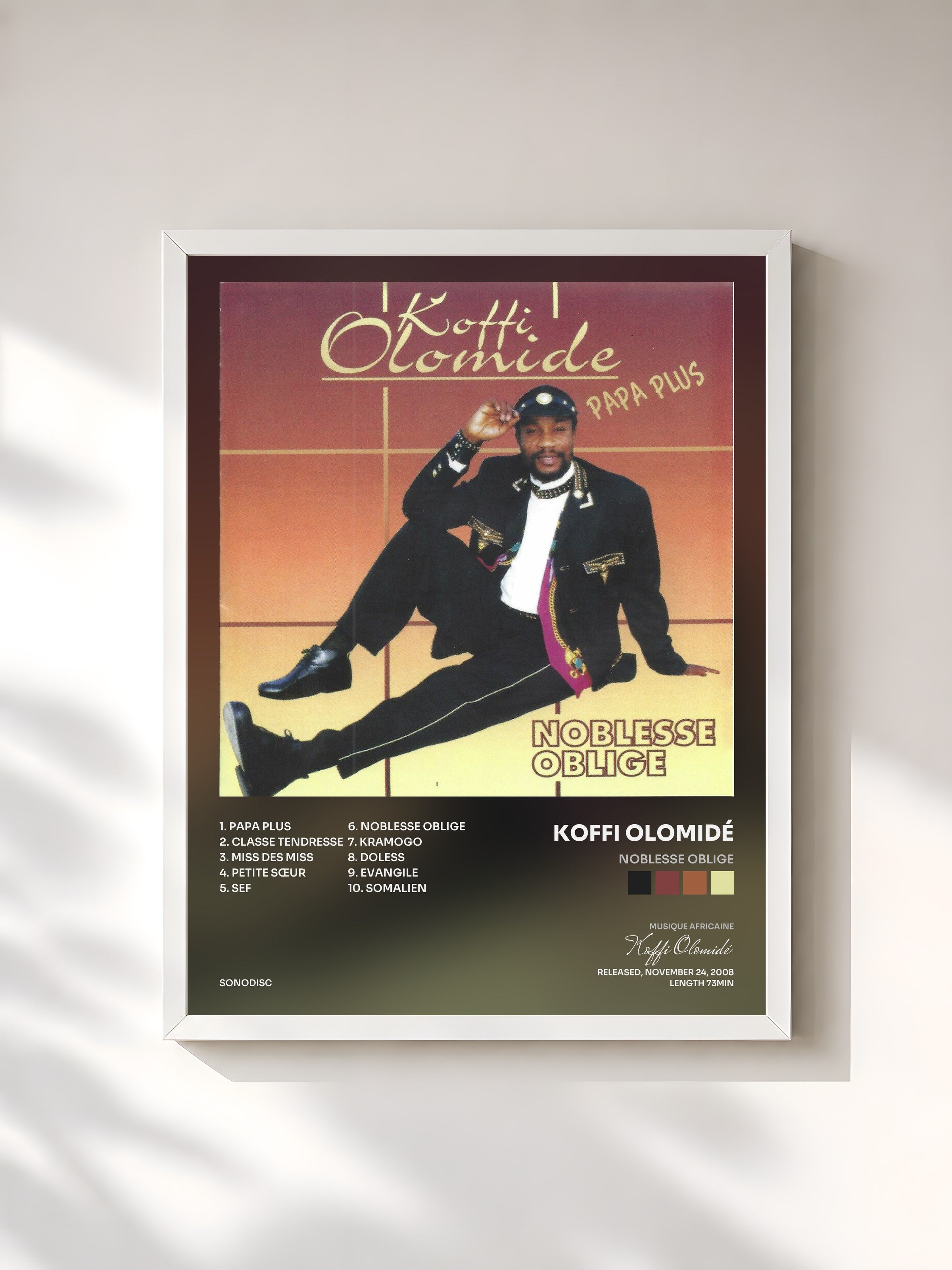 #blanc Tableau de l'album Noblesse oblige de Koffi Olomidé, cadre blanc, imprimé et encadré en France