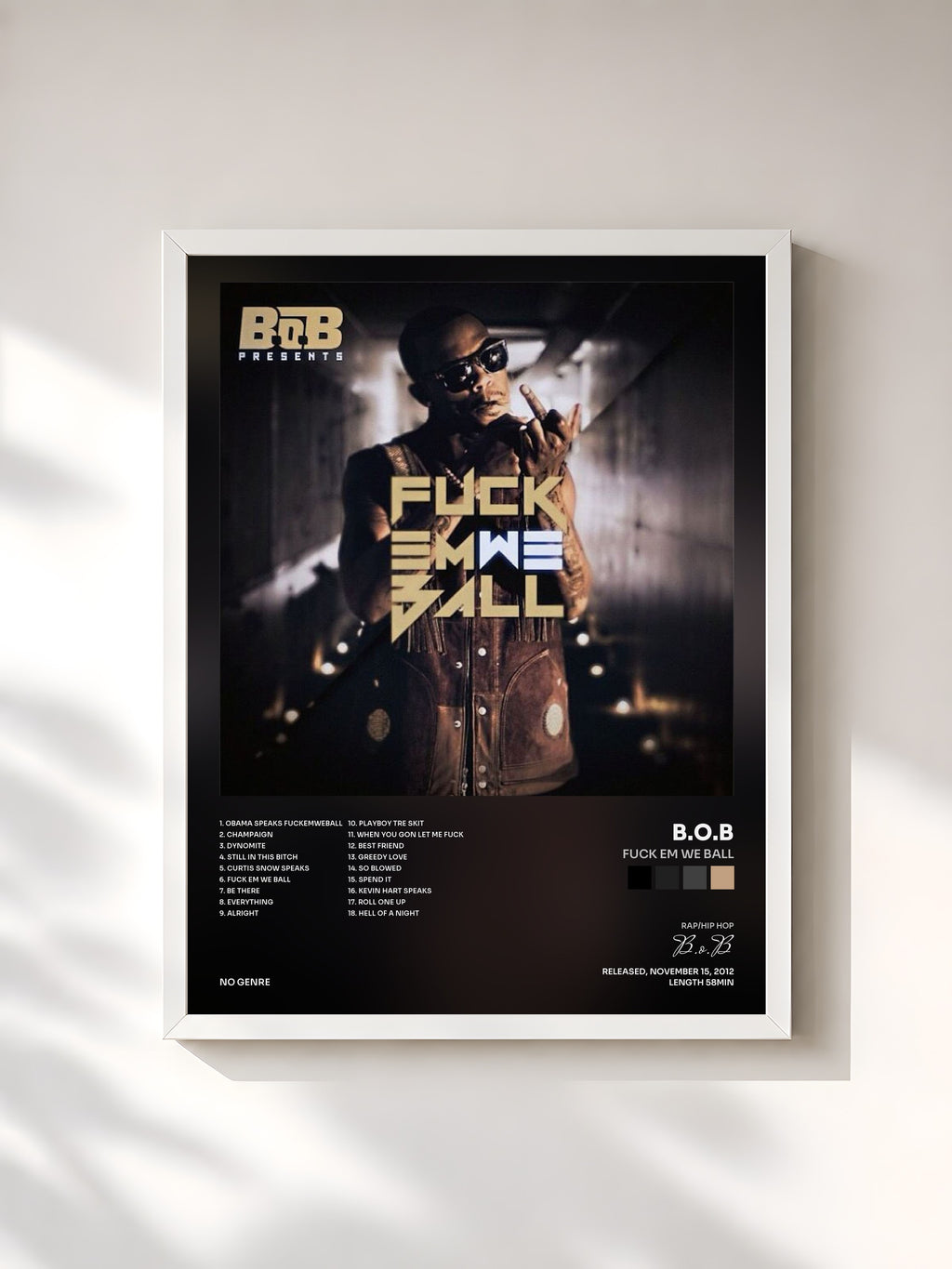 #blanc Tableau de l'album Fuck Em We Ball de B.o.B, cadre blanc, imprimé et encadré en France