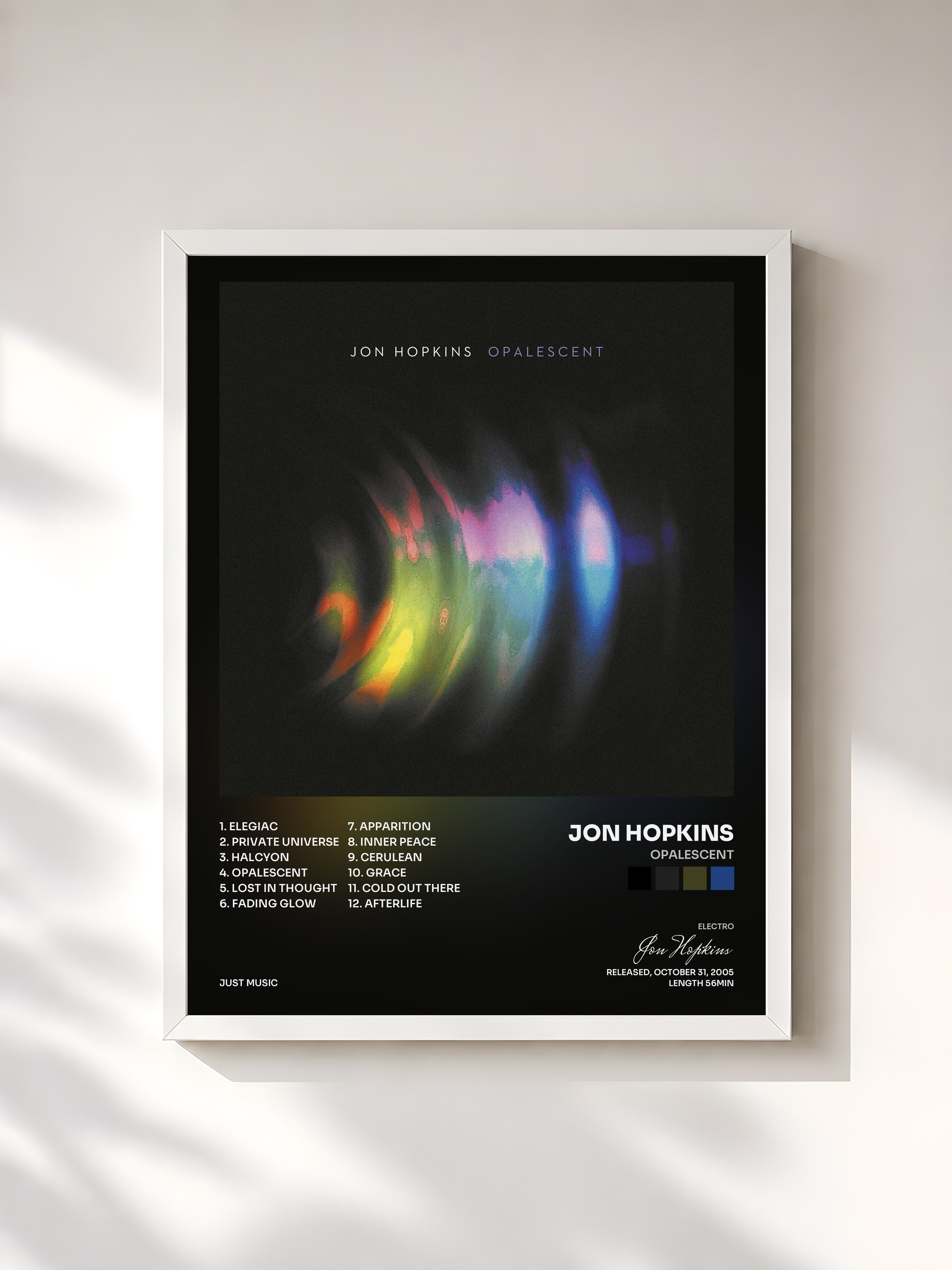 #blanc Tableau de l'album Opalescent de Jon Hopkins, cadre blanc, imprimé et encadré en France