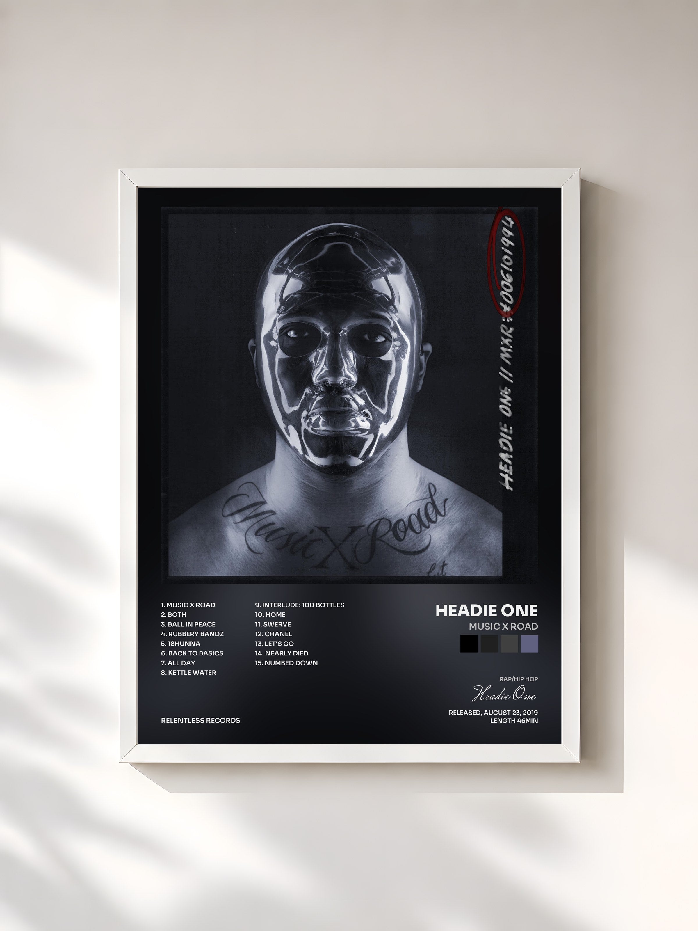 #blanc Tableau de l'album Music x Road de Headie One, cadre blanc, imprimé et encadré en France