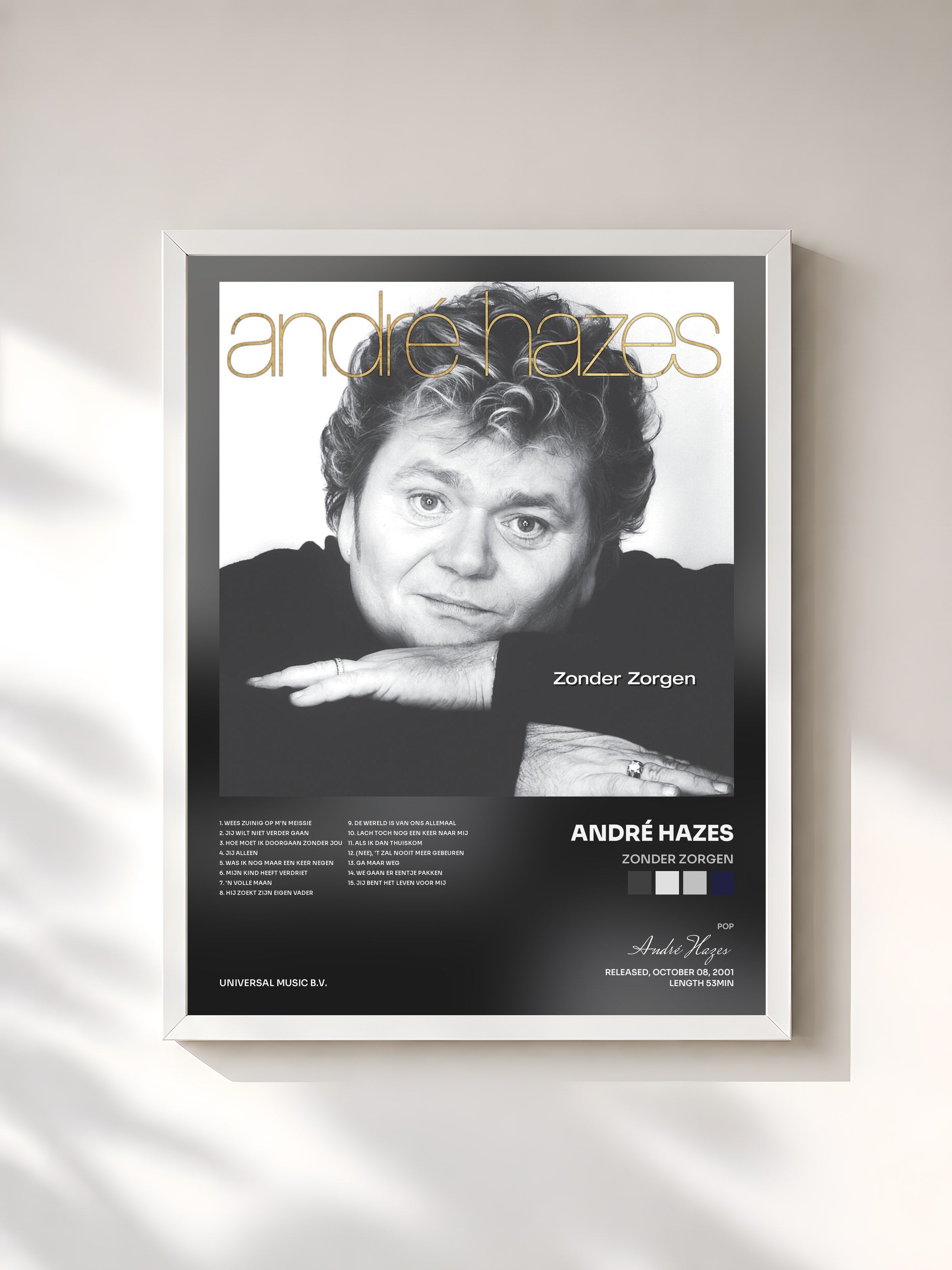 #blanc Tableau de l'album Zonder Zorgen de André Hazes, cadre blanc, imprimé et encadré en France