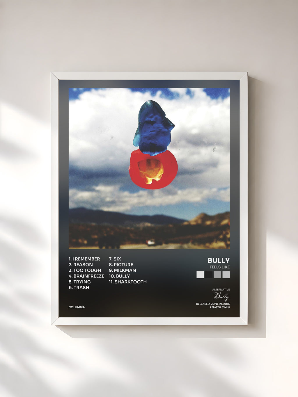 #blanc Tableau de l'album Feels Like de Bully, cadre blanc, imprimé et encadré en France
