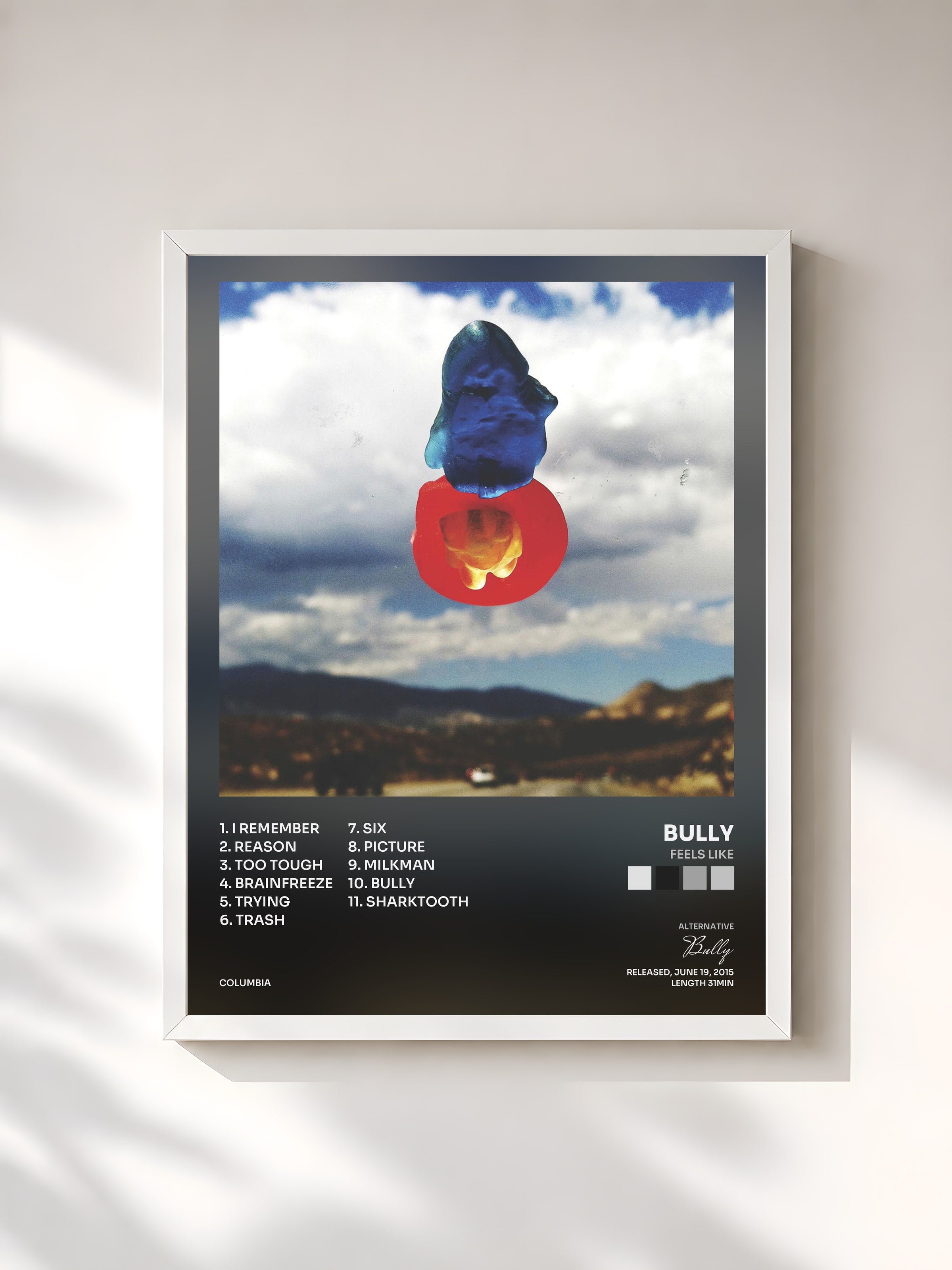 #blanc Tableau de l'album Feels Like de Bully, cadre blanc, imprimé et encadré en France