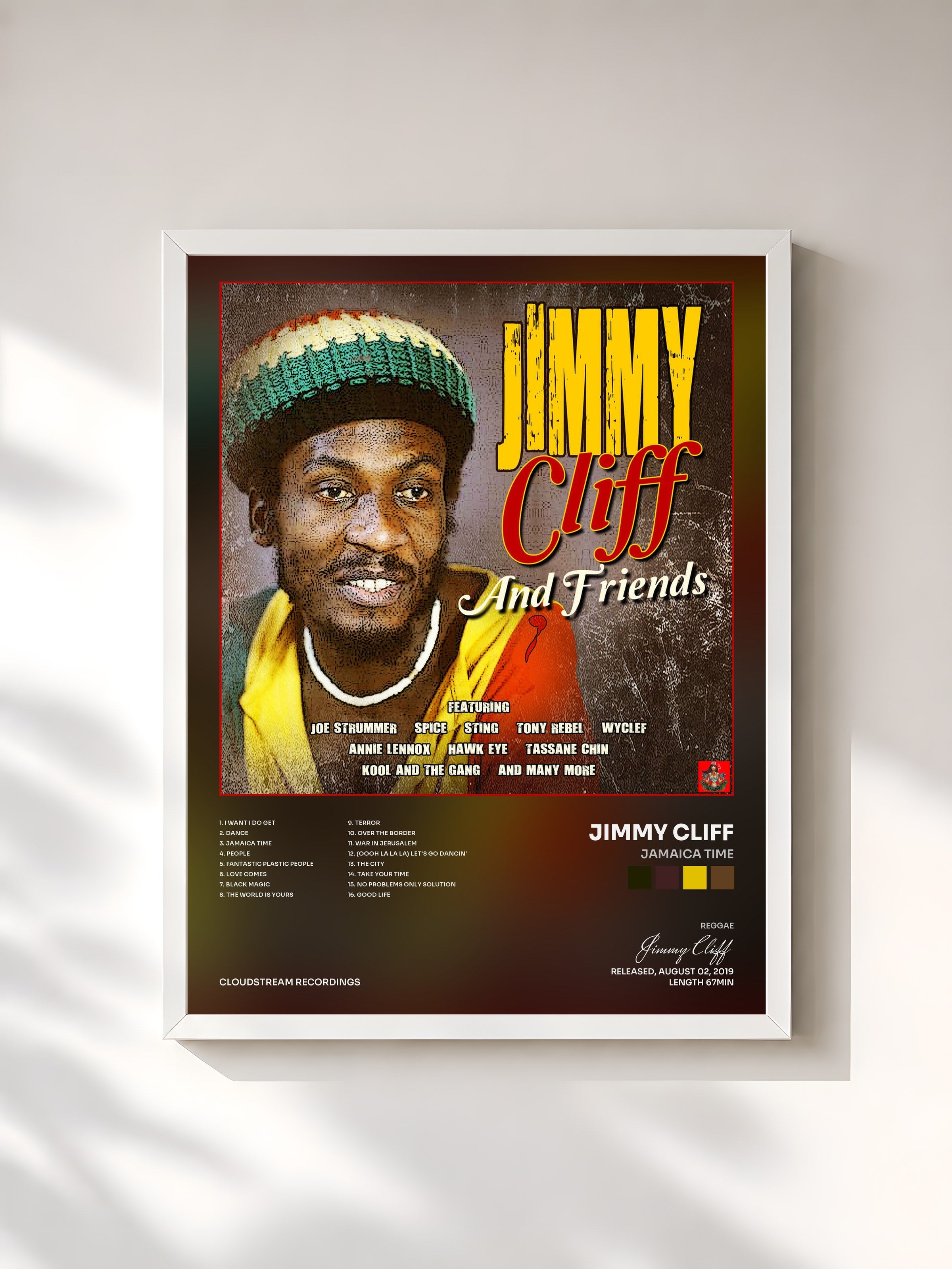 #blanc Tableau de l'album Jamaica Time de Jimmy Cliff, cadre blanc, imprimé et encadré en France