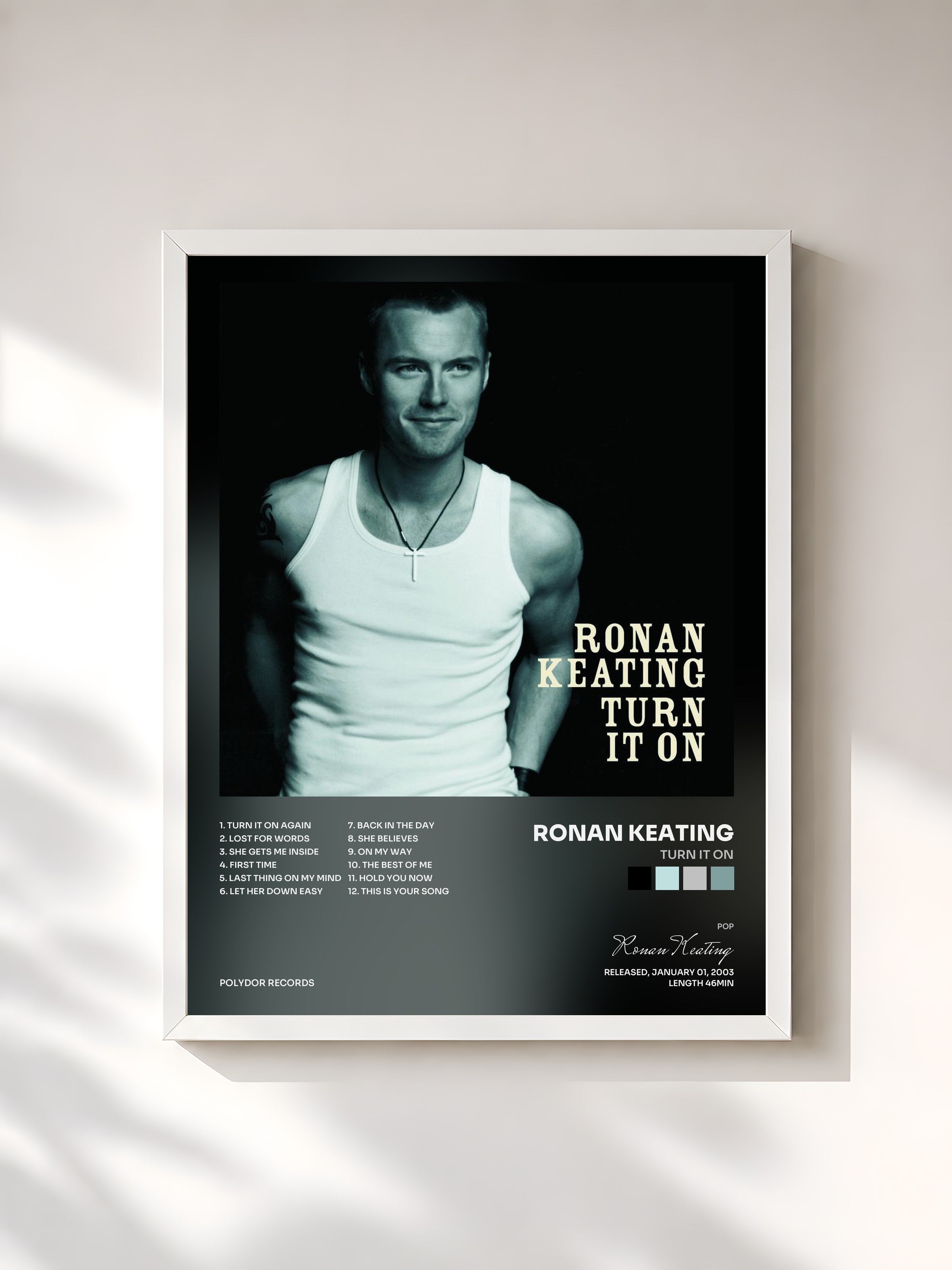 #blanc Tableau de l'album Turn It On de Ronan Keating, cadre blanc, imprimé et encadré en France