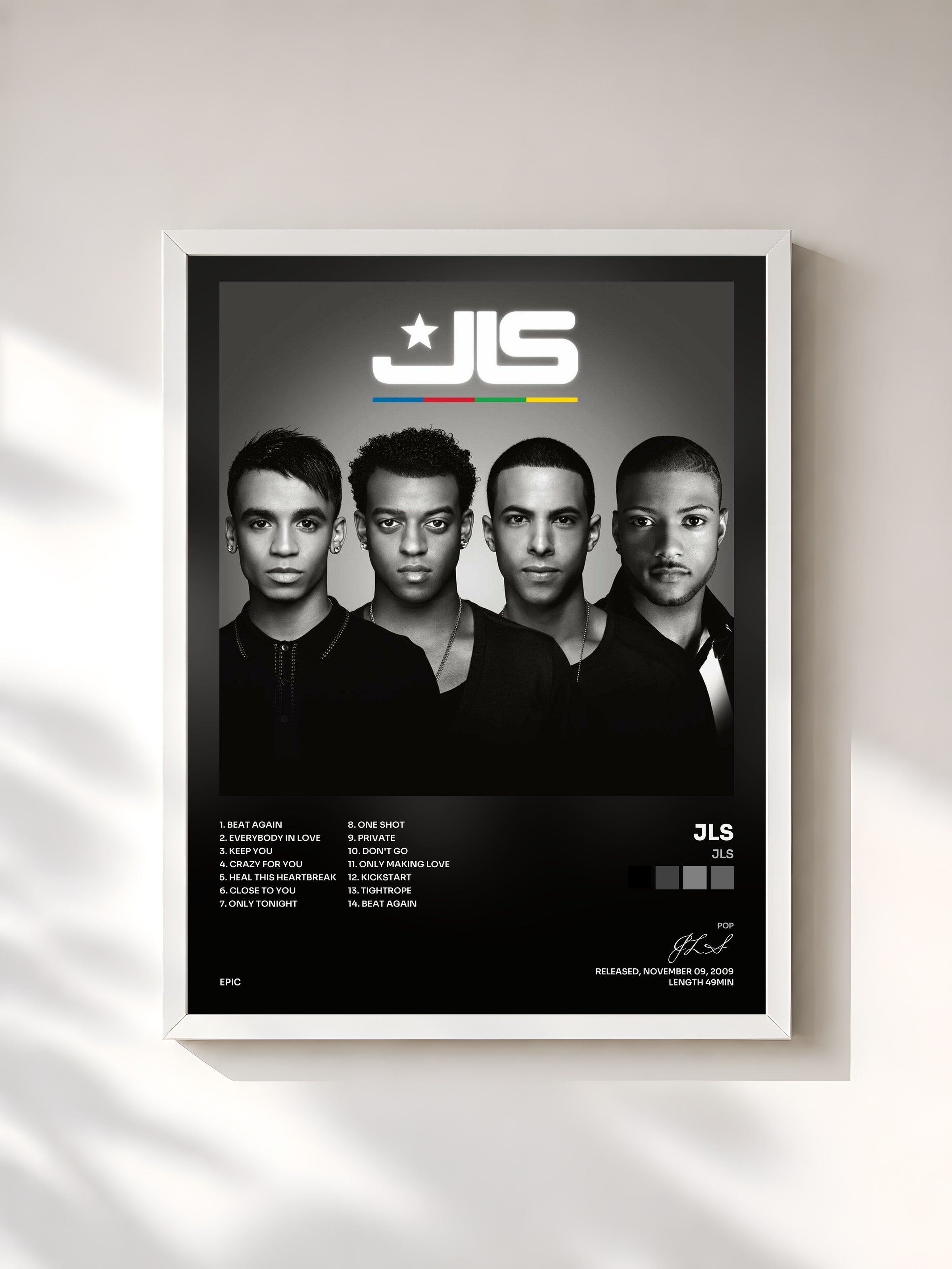 #blanc Tableau de l'album JLS de JLS, cadre blanc, imprimé et encadré en France