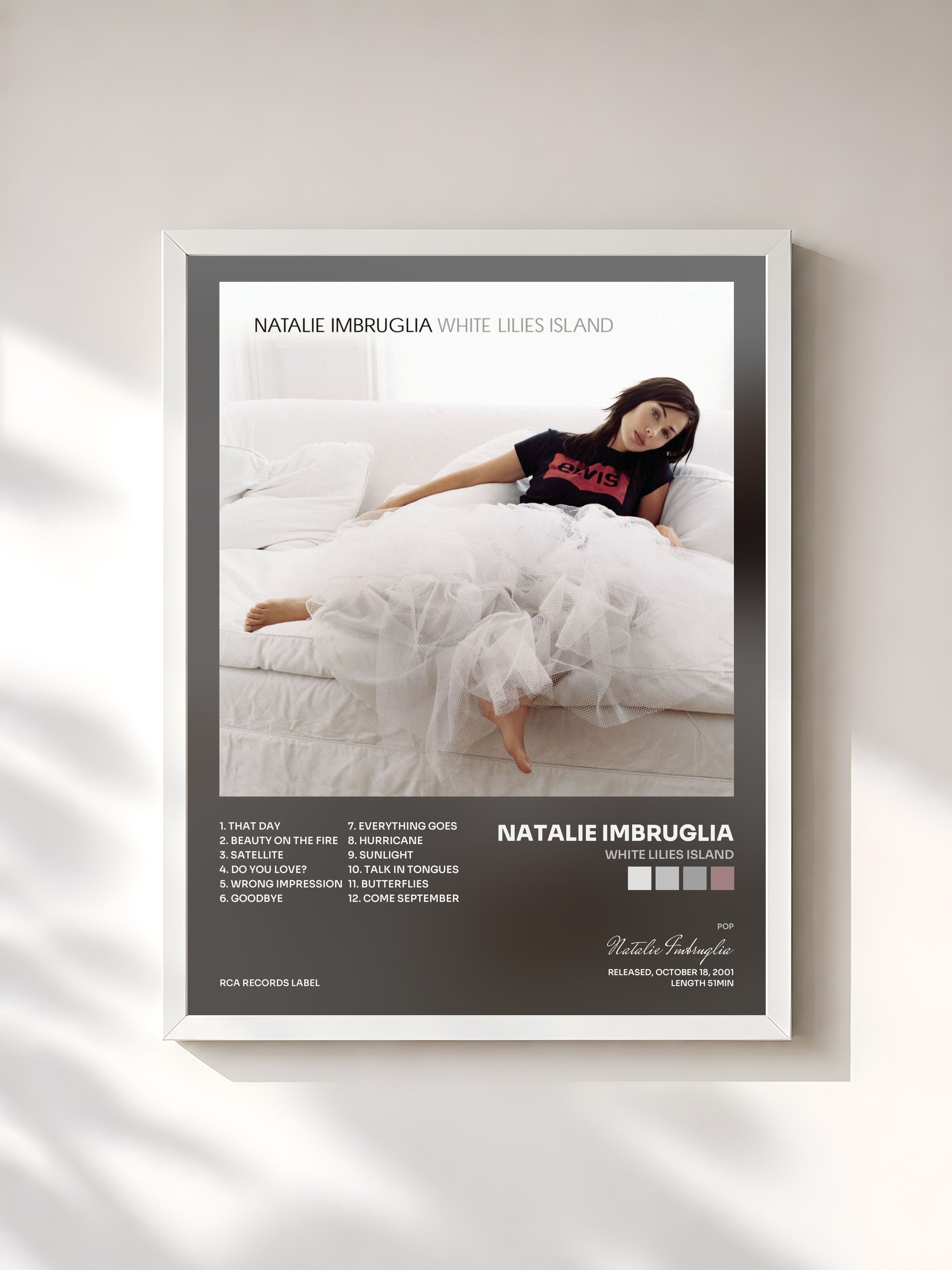 #blanc Tableau de l'album White Lilies Island de Natalie Imbruglia, cadre blanc, imprimé et encadré en France