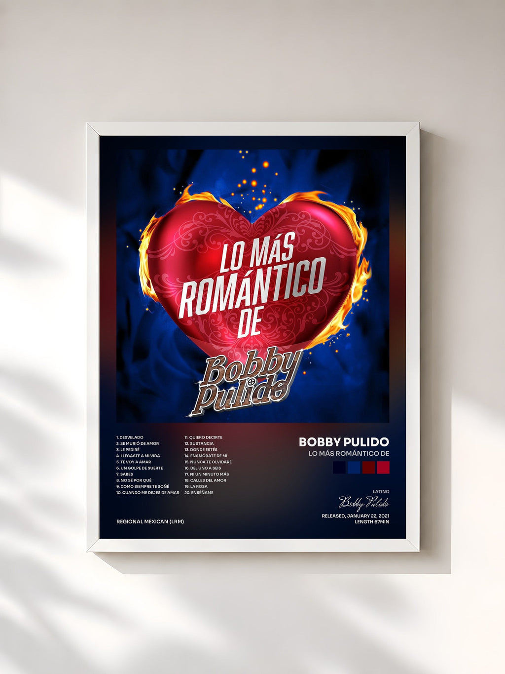 #blanc Lo Más Romántico De by Bobby Pulido as a framed art print, white frame, printed and framed in France