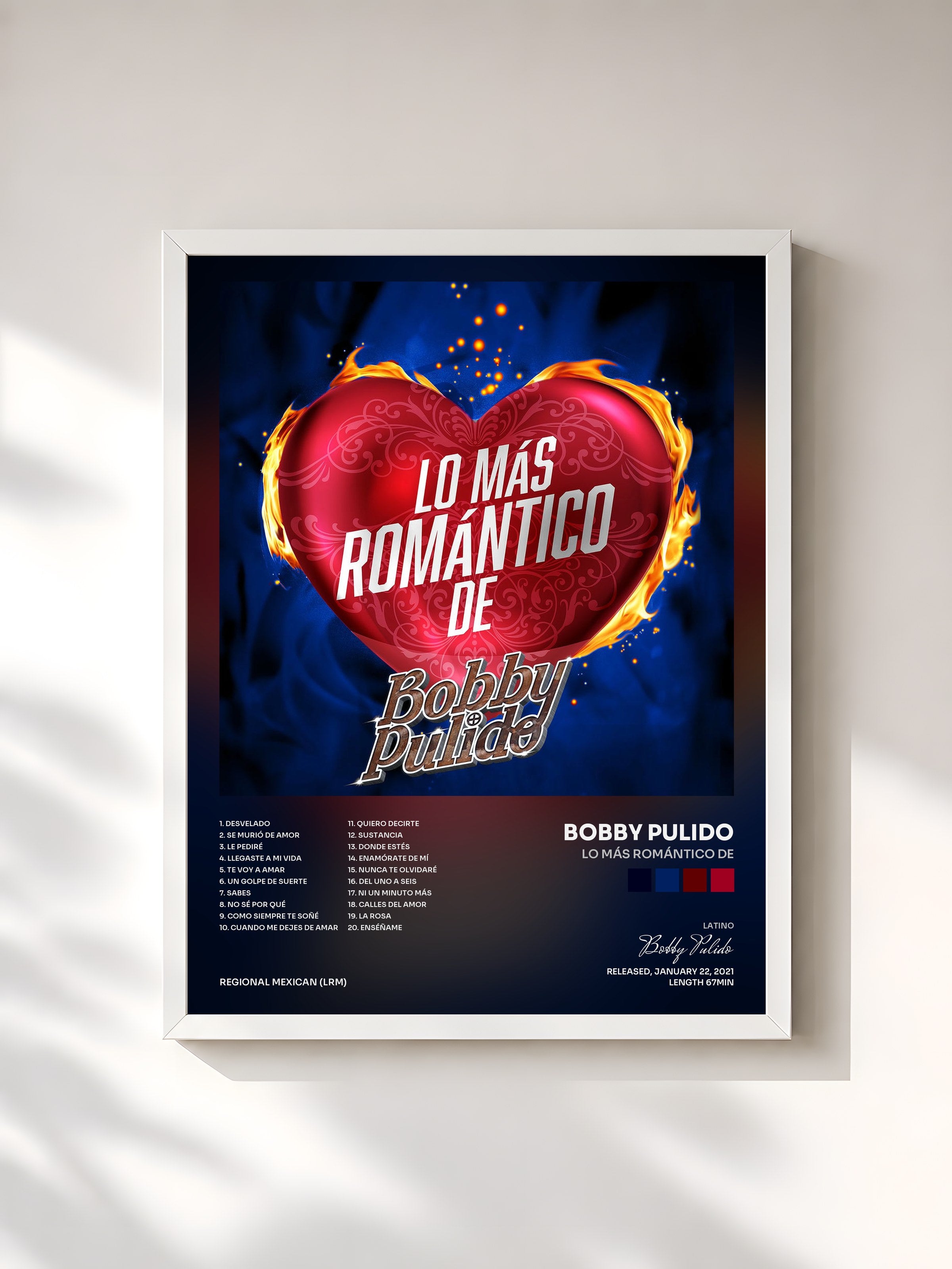 #blanc Tableau de l'album Lo Más Romántico De de Bobby Pulido, cadre blanc, imprimé et encadré en France