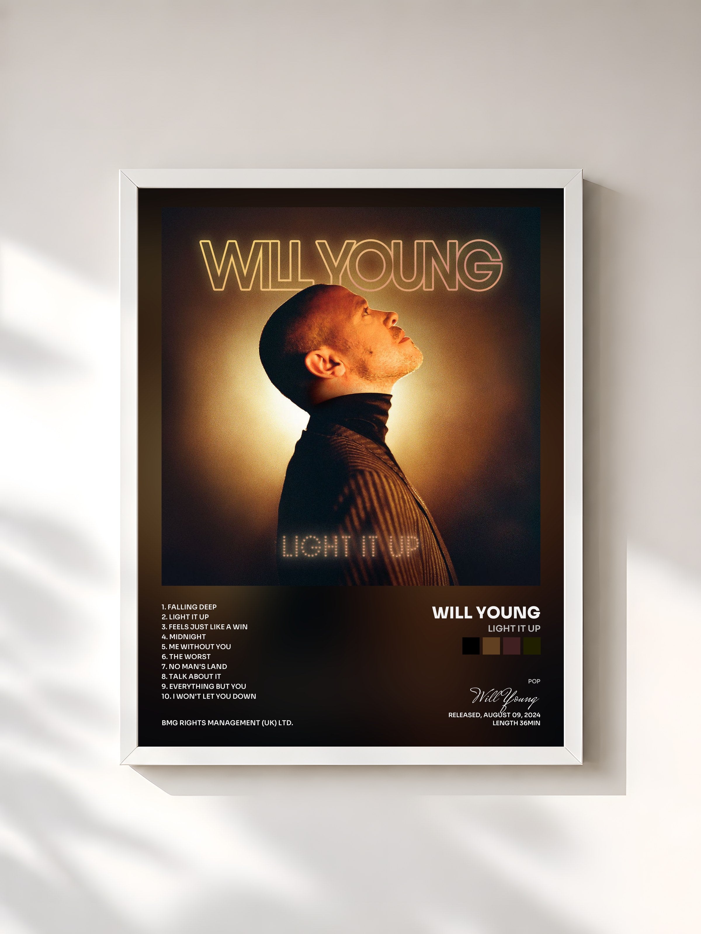 #blanc Tableau de l'album Light It Up de Will Young, cadre blanc, imprimé et encadré en France