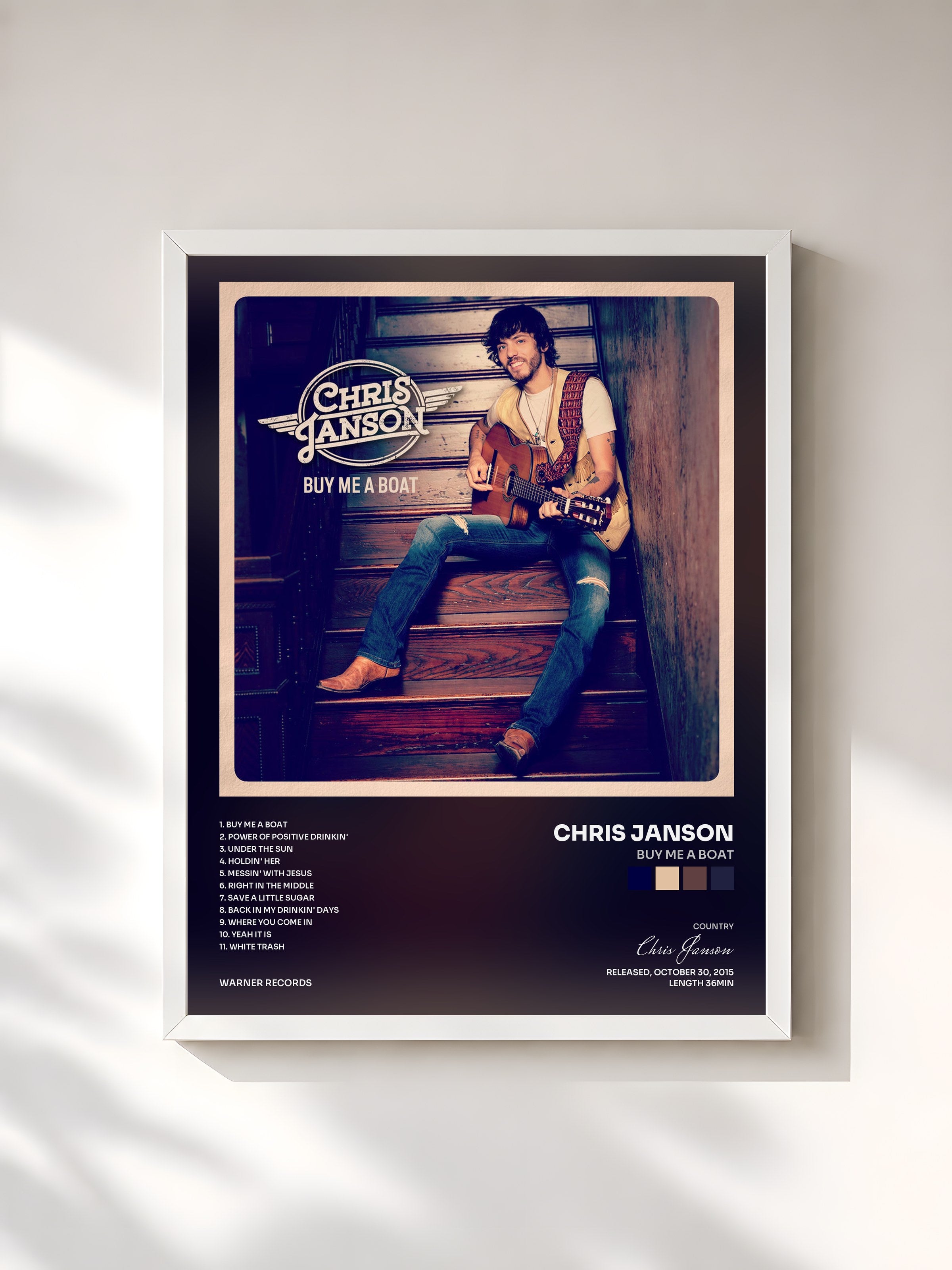 #blanc Tableau de l'album Buy Me a Boat de Chris Janson, cadre blanc, imprimé et encadré en France