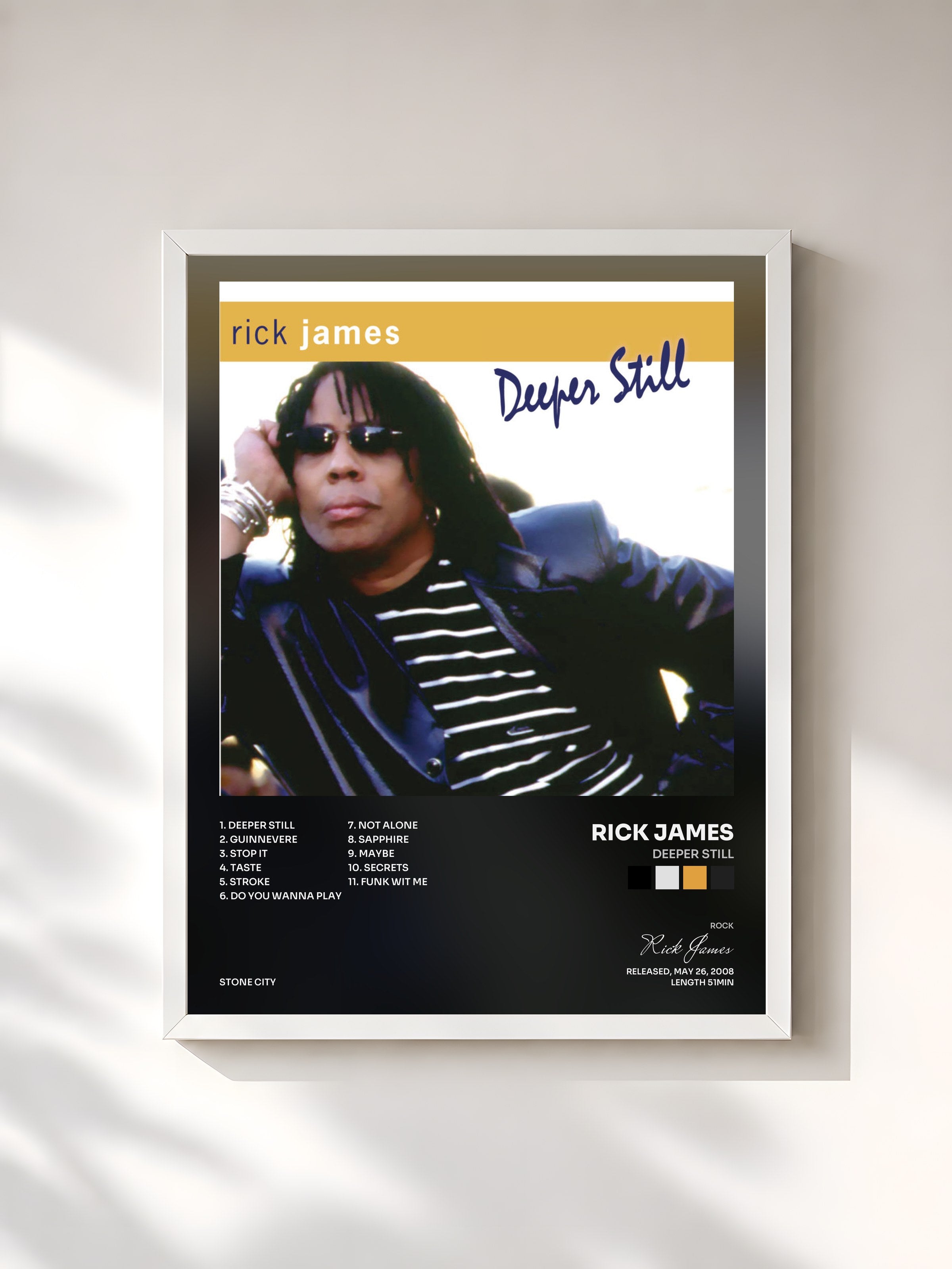 #blanc Tableau de l'album Deeper Still de Rick James, cadre blanc, imprimé et encadré en France
