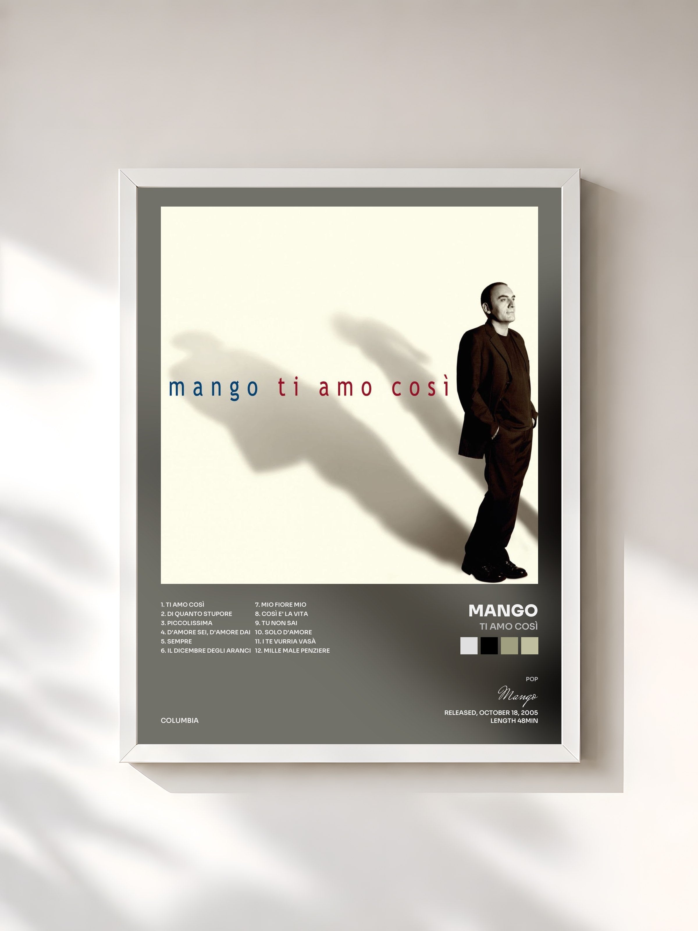 #blanc Tableau de l'album Ti Amo Così de Mango, cadre blanc, imprimé et encadré en France