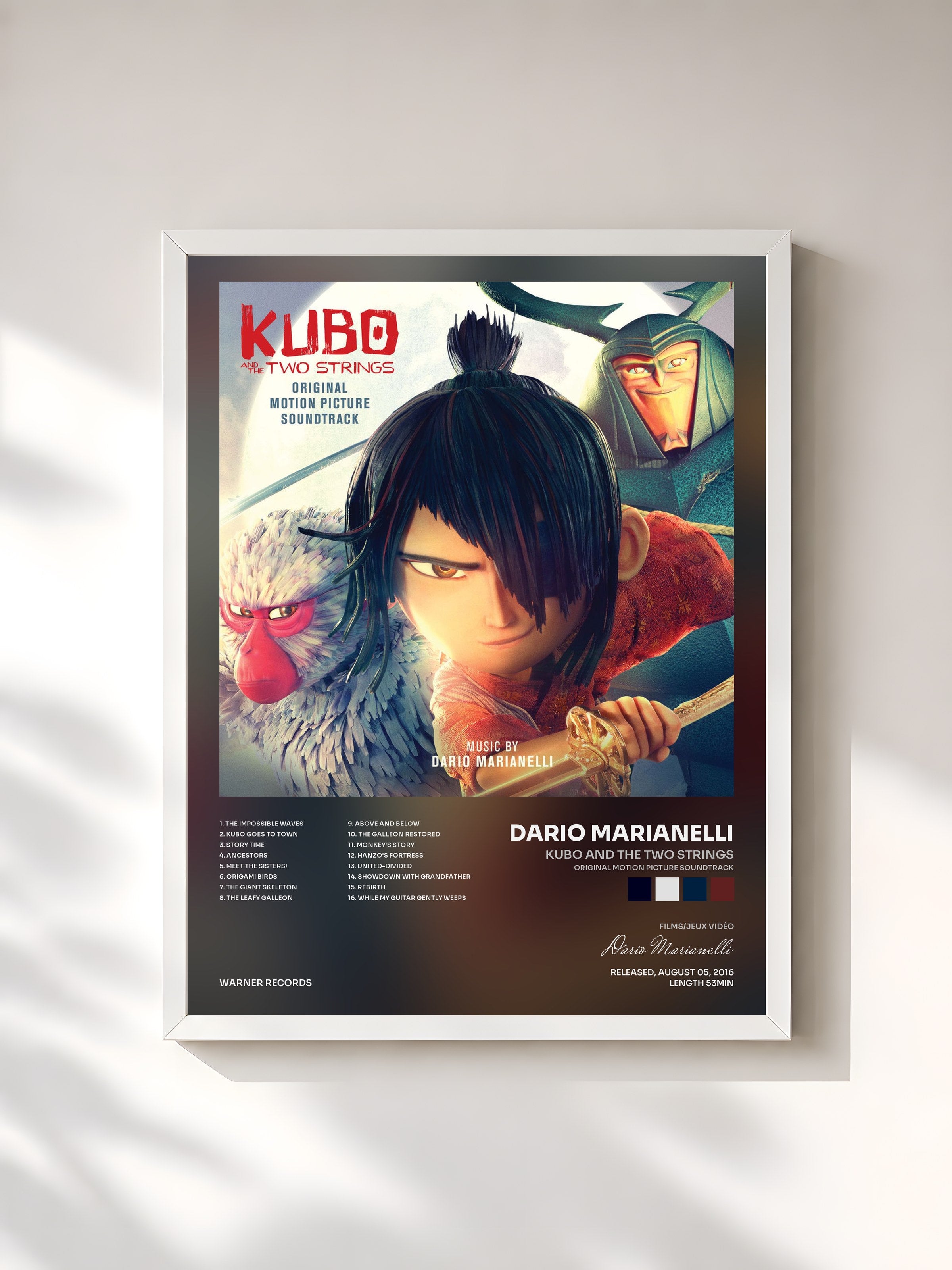 #blanc Tableau de l'album Kubo and the Two Strings (Original Motion Picture Soundtrack) de Dario Marianelli, cadre blanc, imprimé et encadré en France