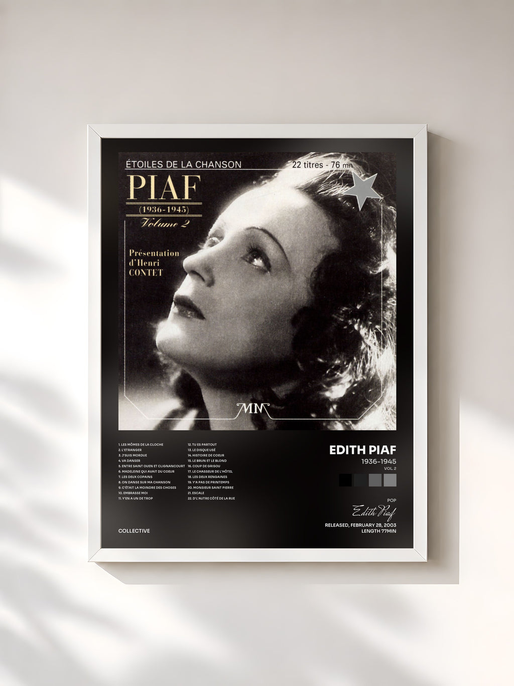 #blanc Tableau de l'album 1936-1945 (Vol. 2) de Edith Piaf, cadre blanc, imprimé et encadré en France