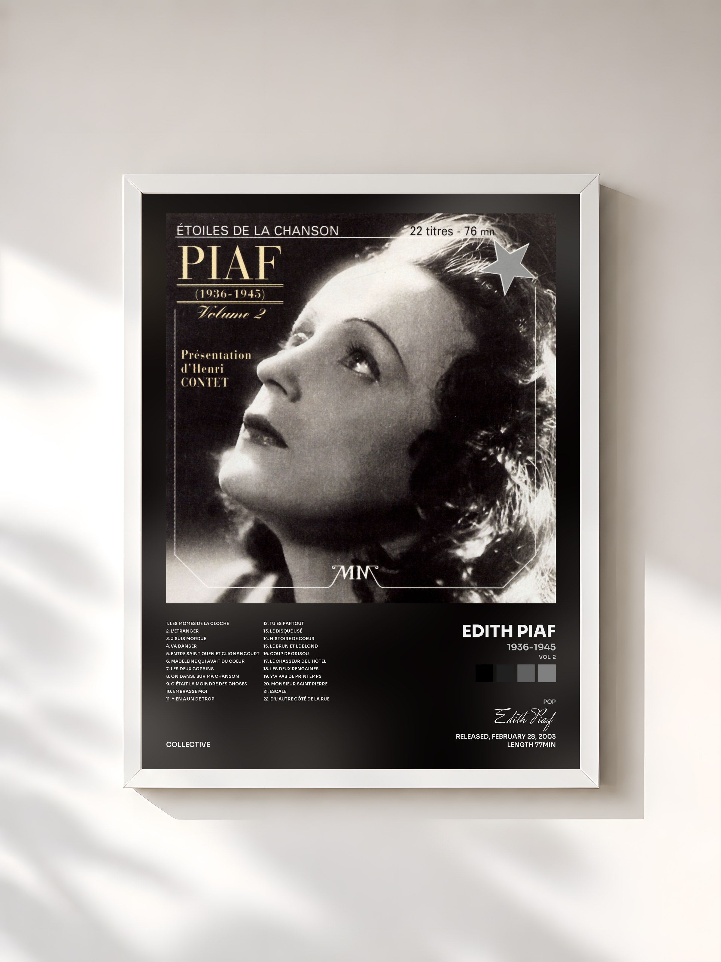 #blanc Tableau de l'album 1936-1945 (Vol. 2) de Edith Piaf, cadre blanc, imprimé et encadré en France