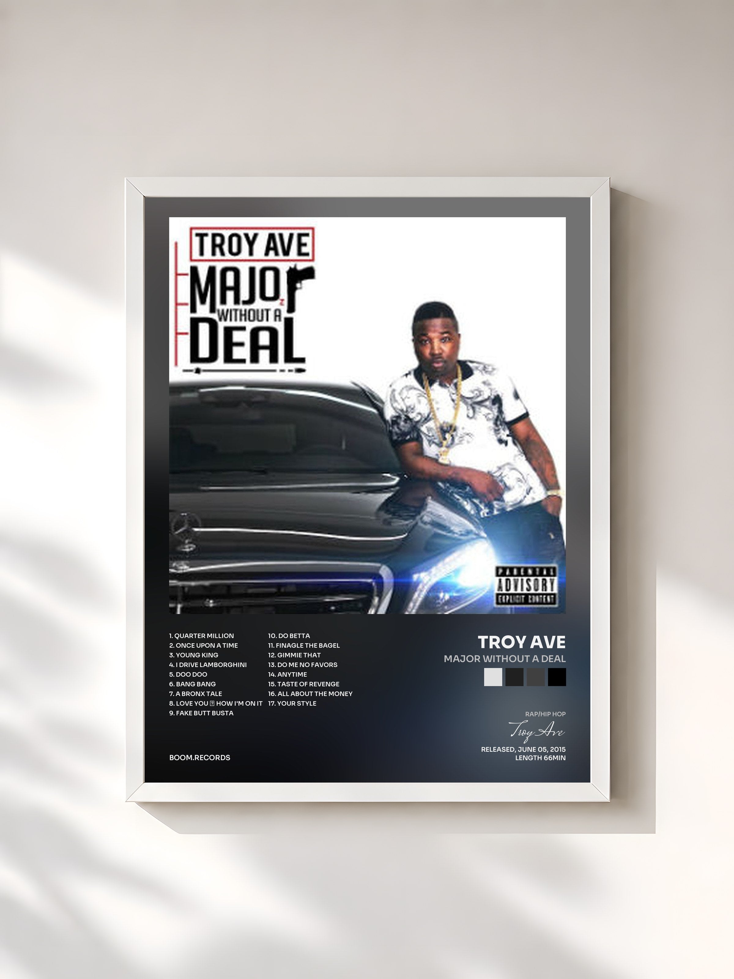 #blanc Tableau de l'album Major Without a Deal de Troy Ave, cadre blanc, imprimé et encadré en France