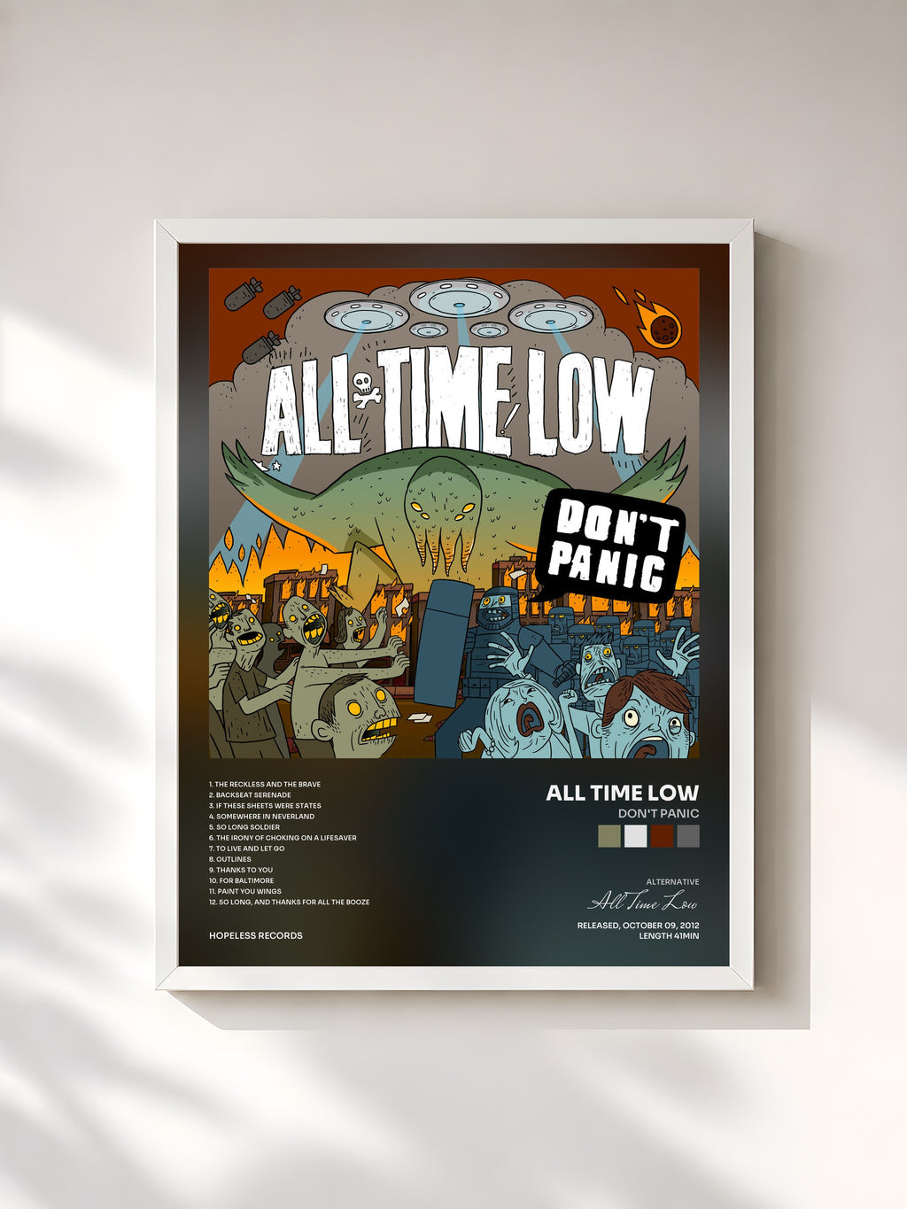 #blanc Don't Panic by All Time Low as a framed art print, white frame, printed and framed in France