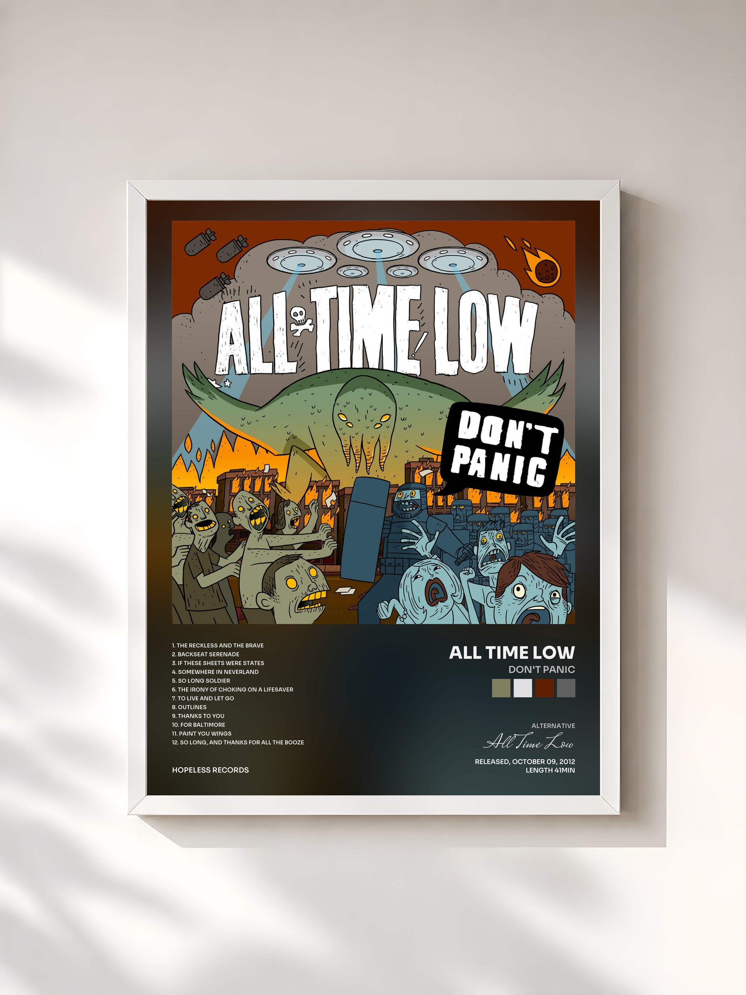 #blanc Tableau de l'album Don't Panic de All Time Low, cadre blanc, imprimé et encadré en France