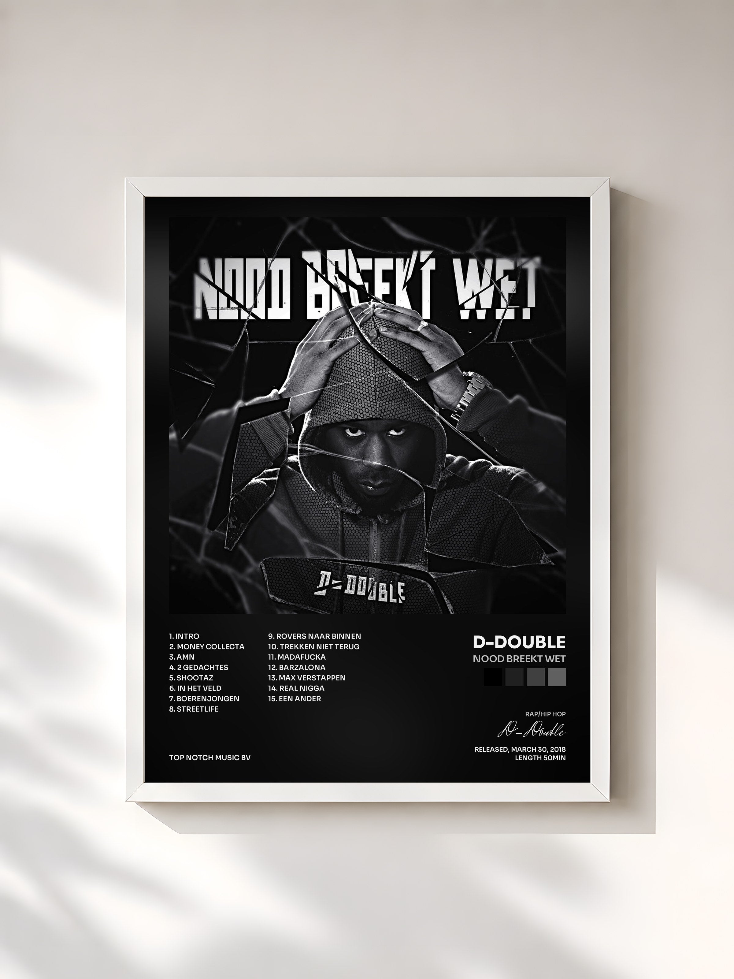 #blanc Tableau de l'album Nood Breekt Wet de D-Double, cadre blanc, imprimé et encadré en France