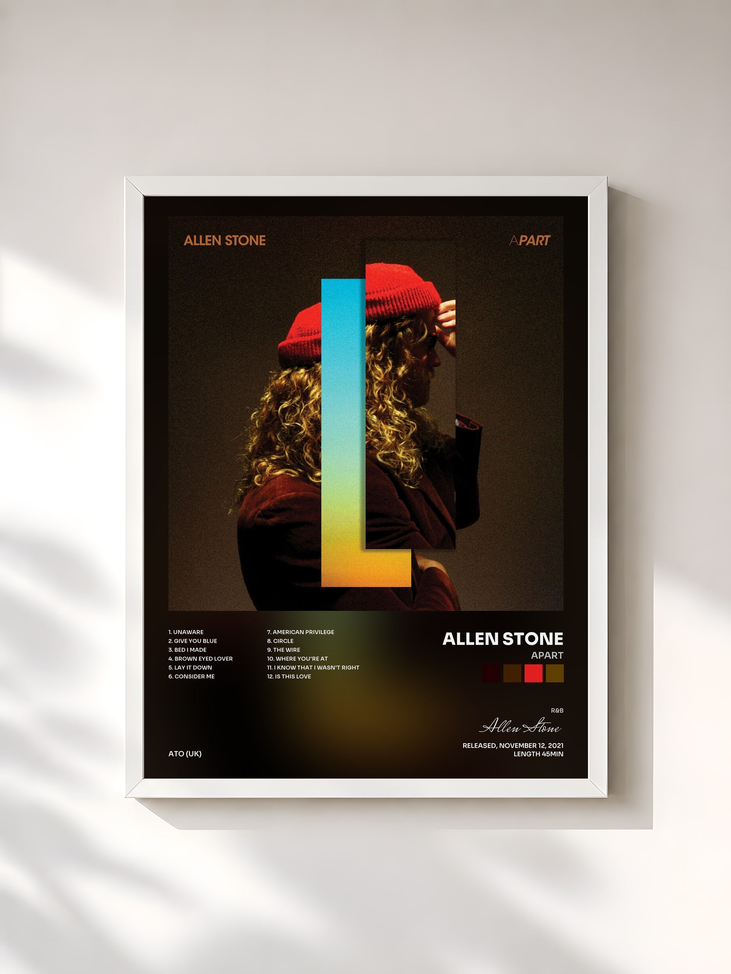 #blanc Tableau de l'album APART de Allen Stone, cadre blanc, imprimé et encadré en France