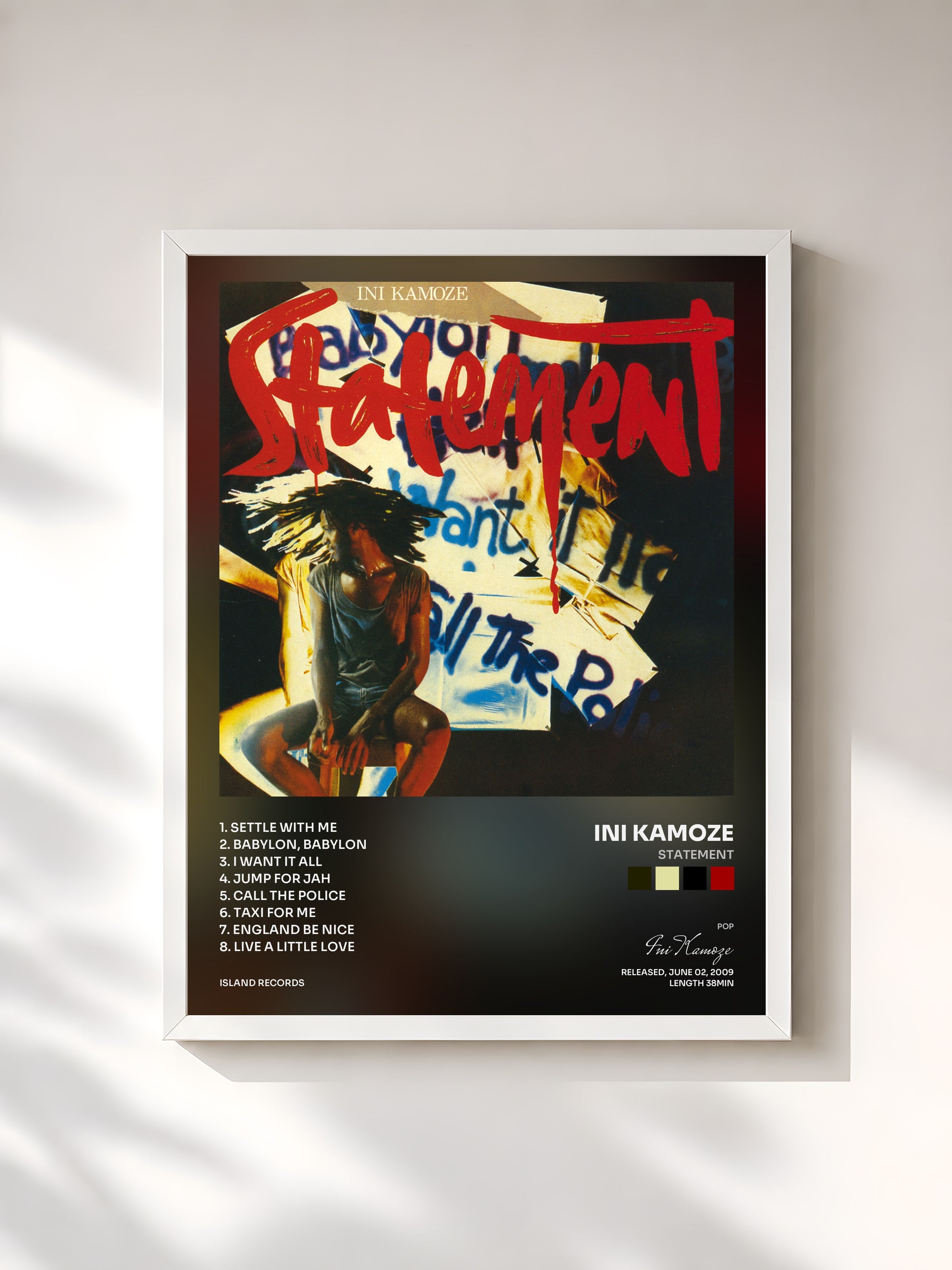 #blanc Tableau de l'album Statement de Ini Kamoze, cadre blanc, imprimé et encadré en France