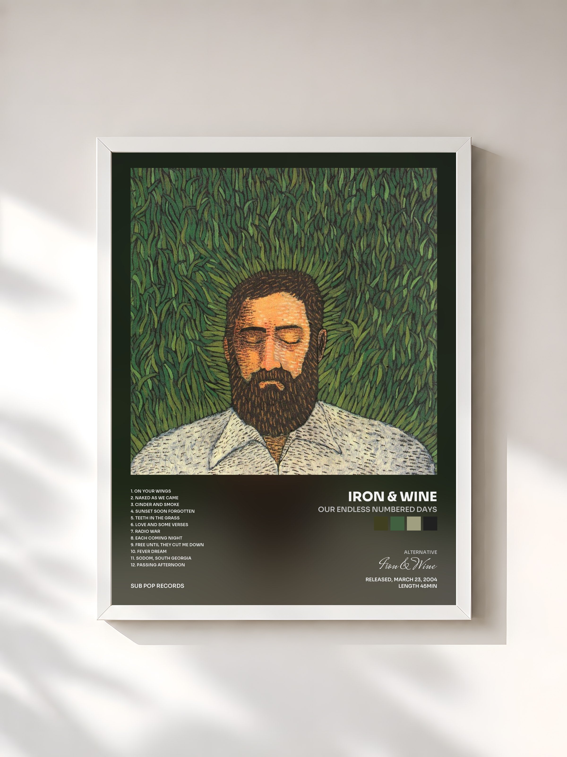 #blanc Tableau de l'album Our Endless Numbered Days de Iron & Wine, cadre blanc, imprimé et encadré en France