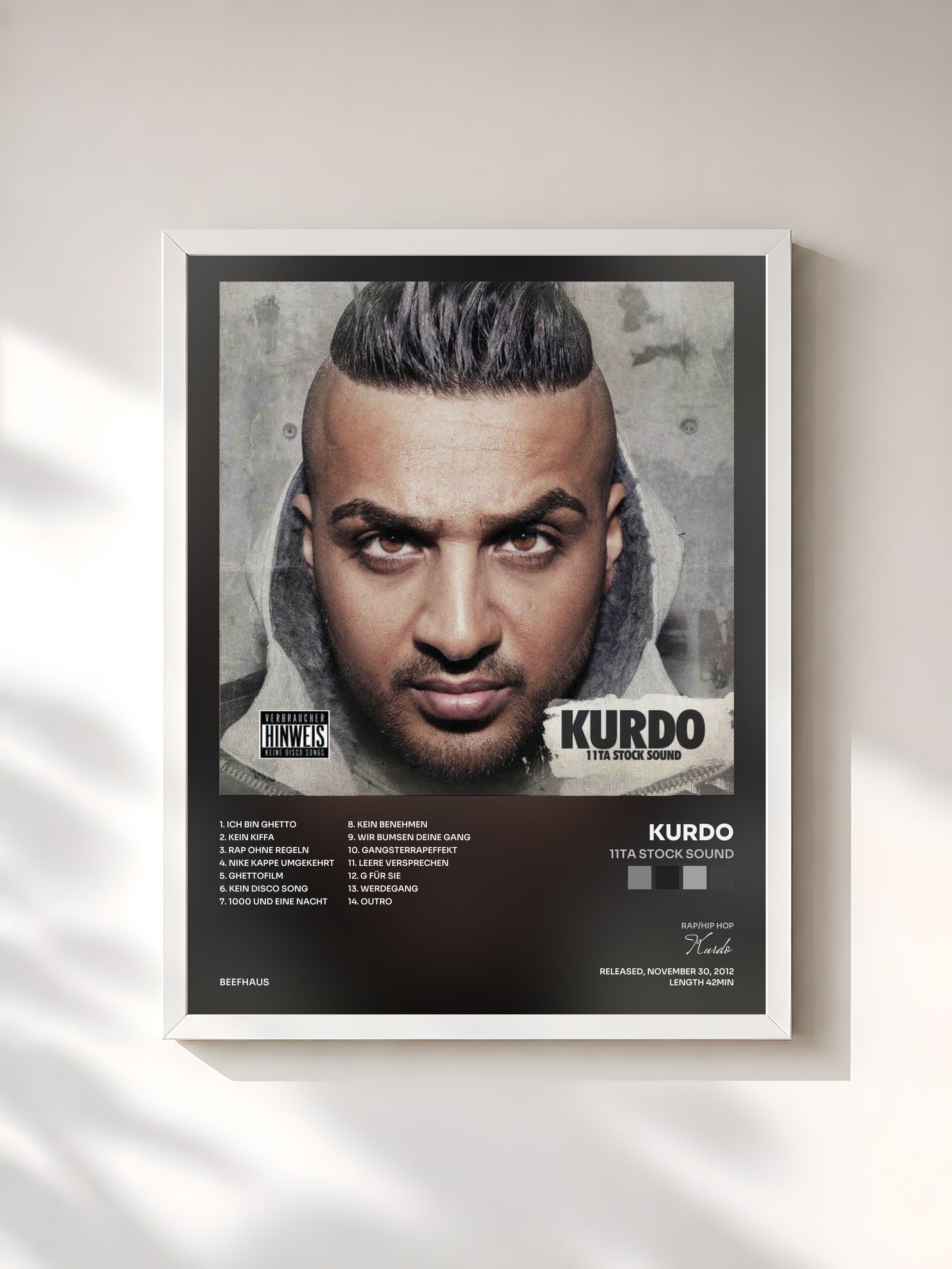 #blanc Tableau de l'album 11Ta Stock Sound de Kurdo, cadre blanc, imprimé et encadré en France