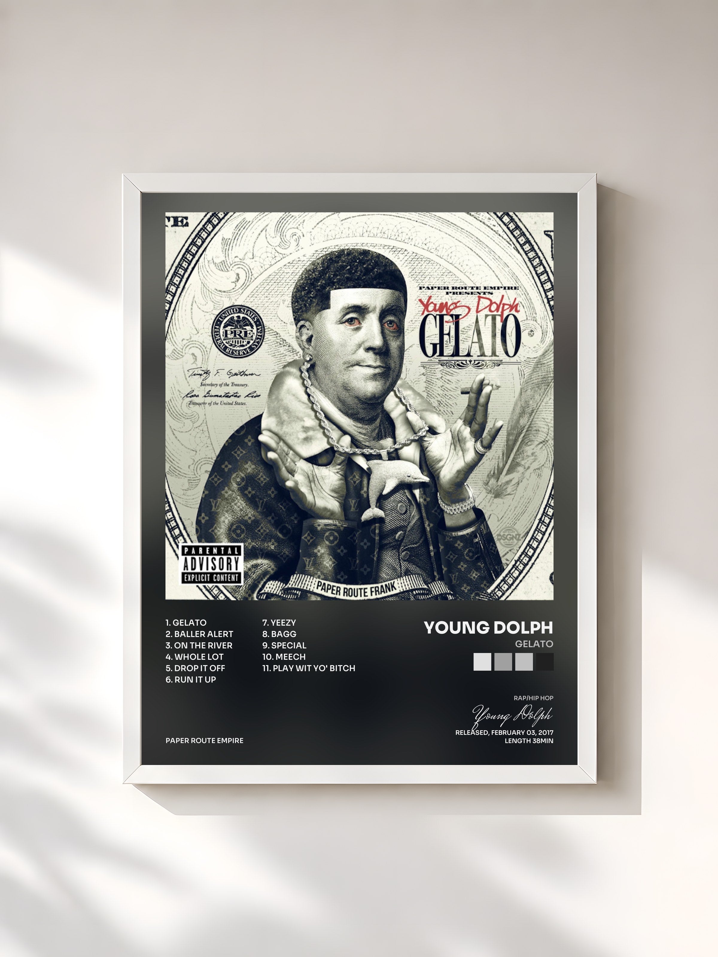 #blanc Tableau de l'album Gelato de Young Dolph, cadre blanc, imprimé et encadré en France