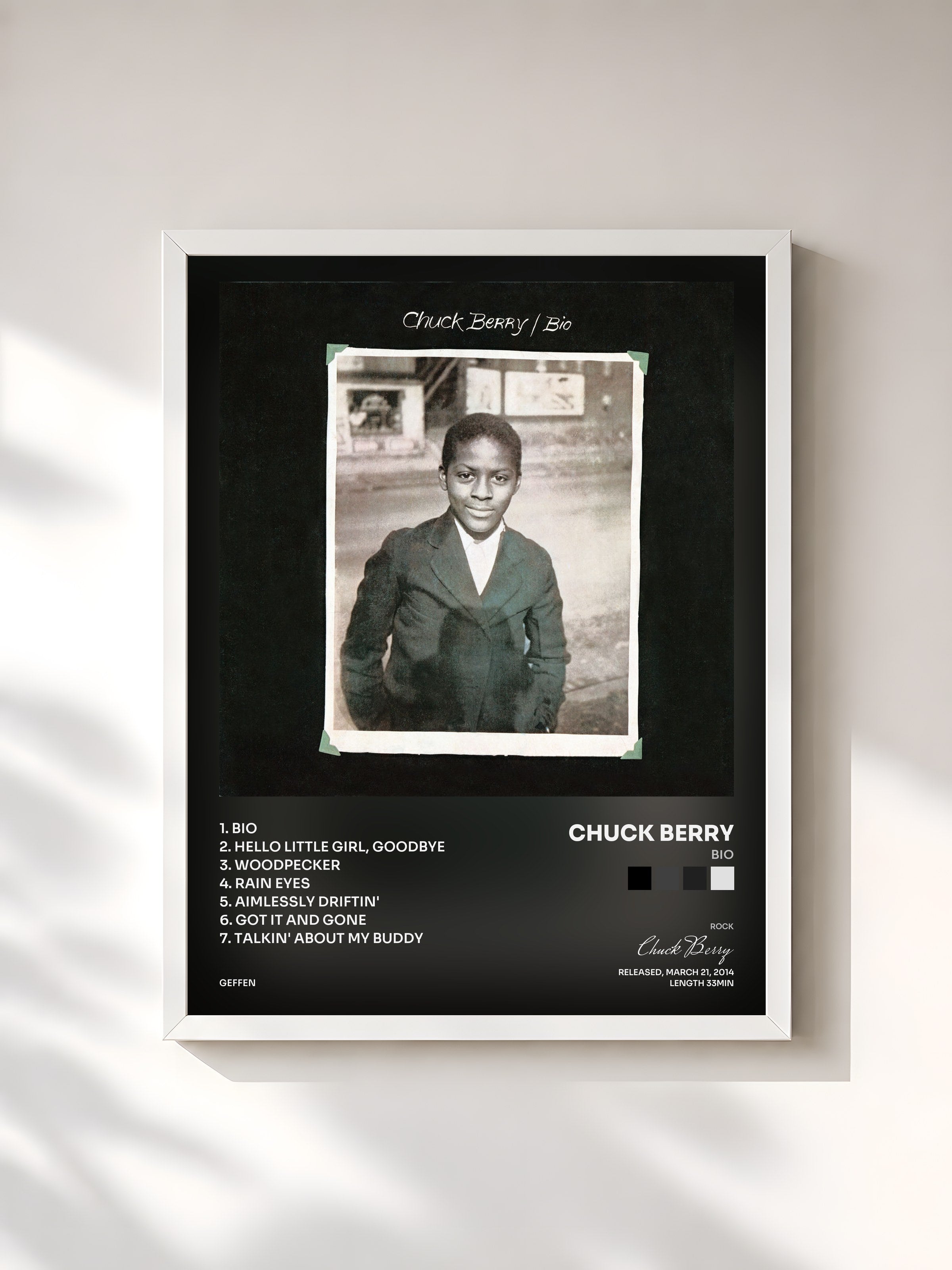#blanc Tableau de l'album Bio de Chuck Berry, cadre blanc, imprimé et encadré en France