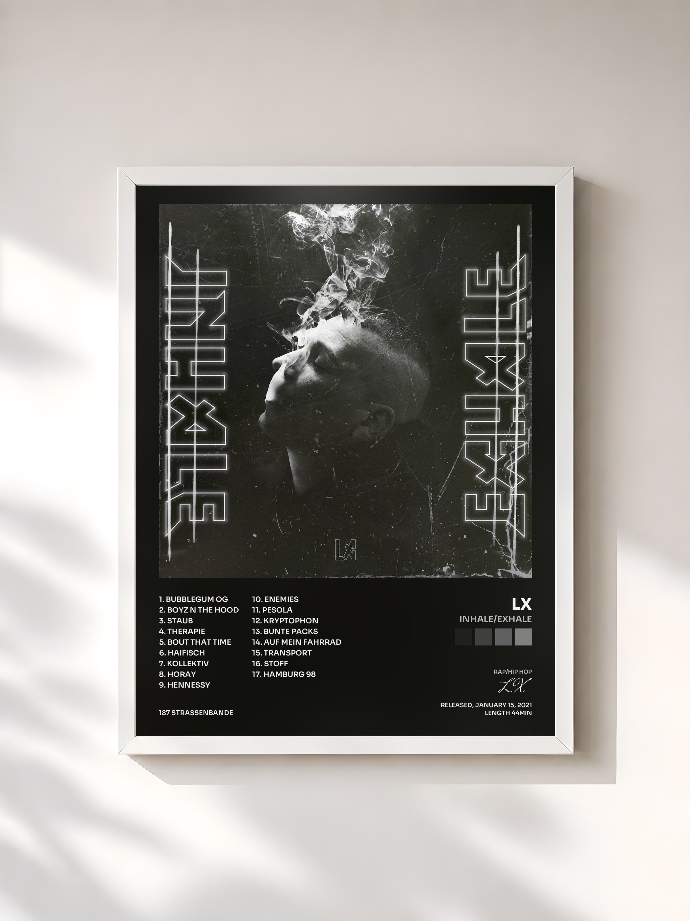 #blanc Tableau de l'album INHALE/EXHALE de LX, cadre blanc, imprimé et encadré en France