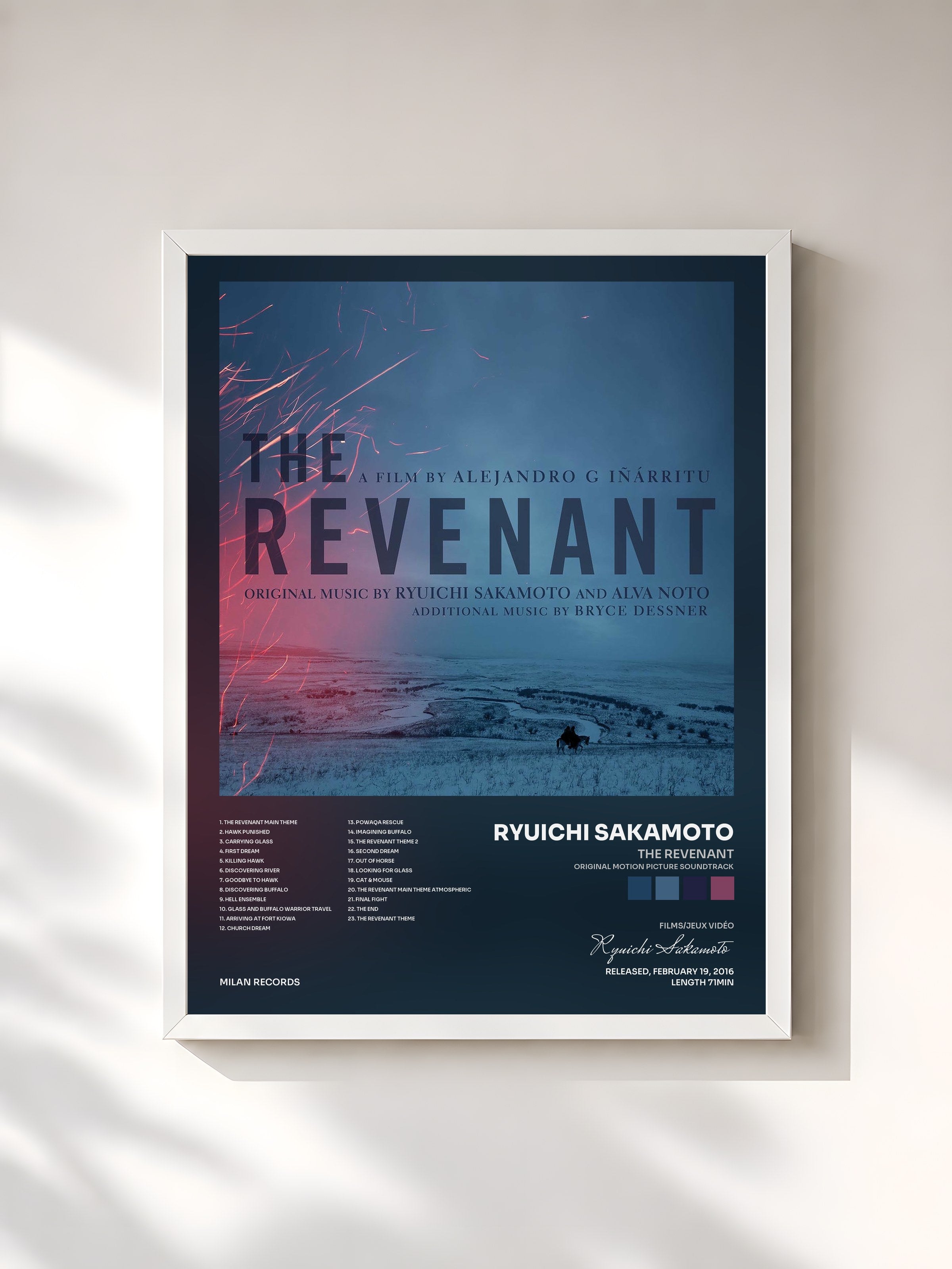 #blanc Tableau de l'album The Revenant (Original Motion Picture Soundtrack) de Ryuichi Sakamoto, cadre blanc, imprimé et encadré en France