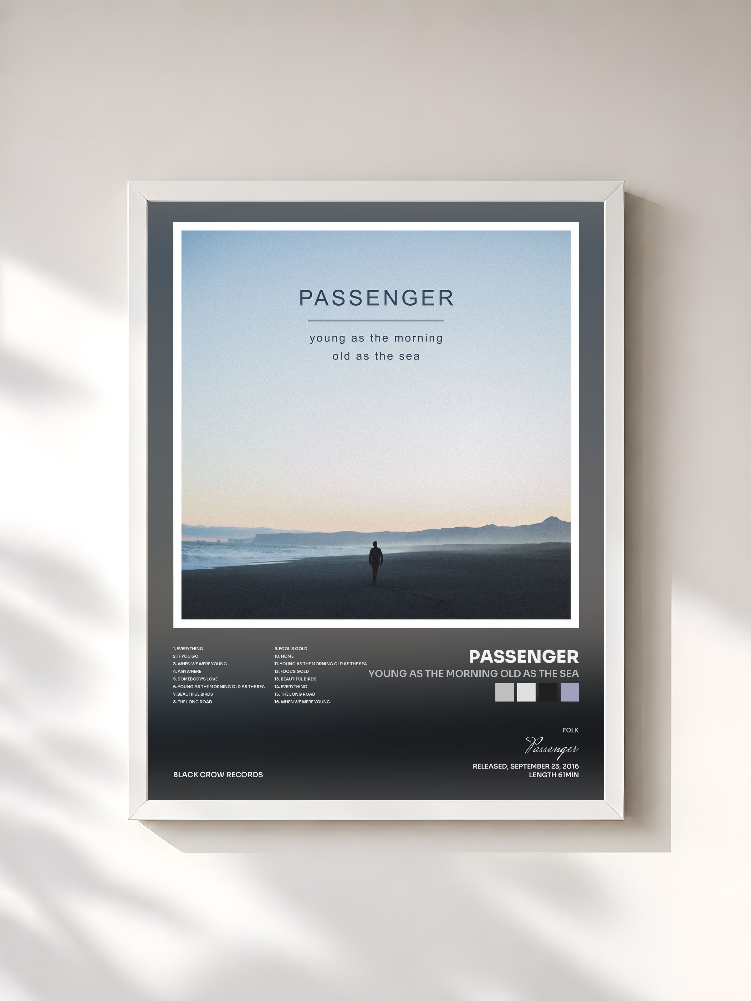#blanc Tableau de l'album Young as the Morning Old as the Sea de Passenger, cadre blanc, imprimé et encadré en France